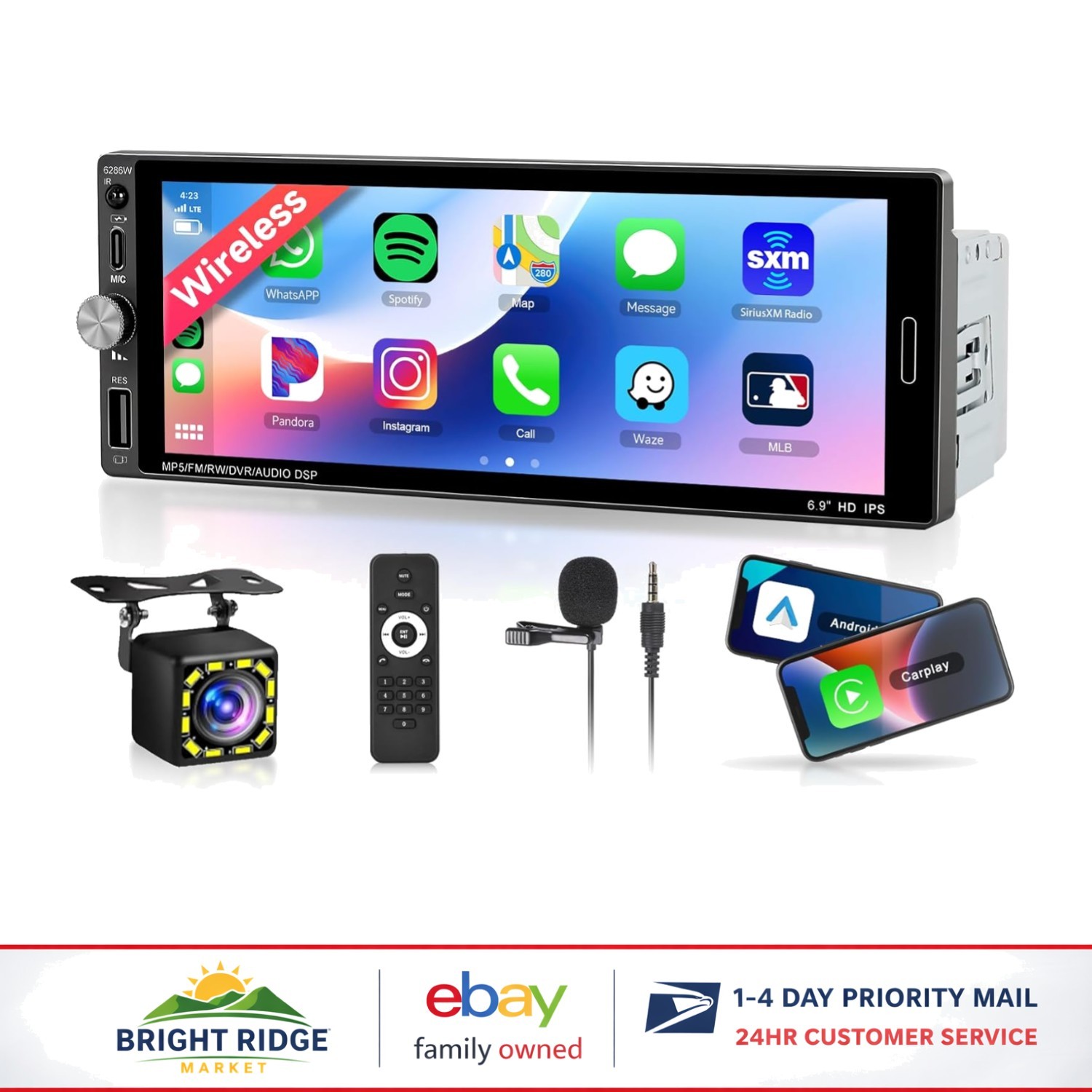 Single Din Car Stereo with 6.9 Inch Touch Screen and Wireless Carplay Support