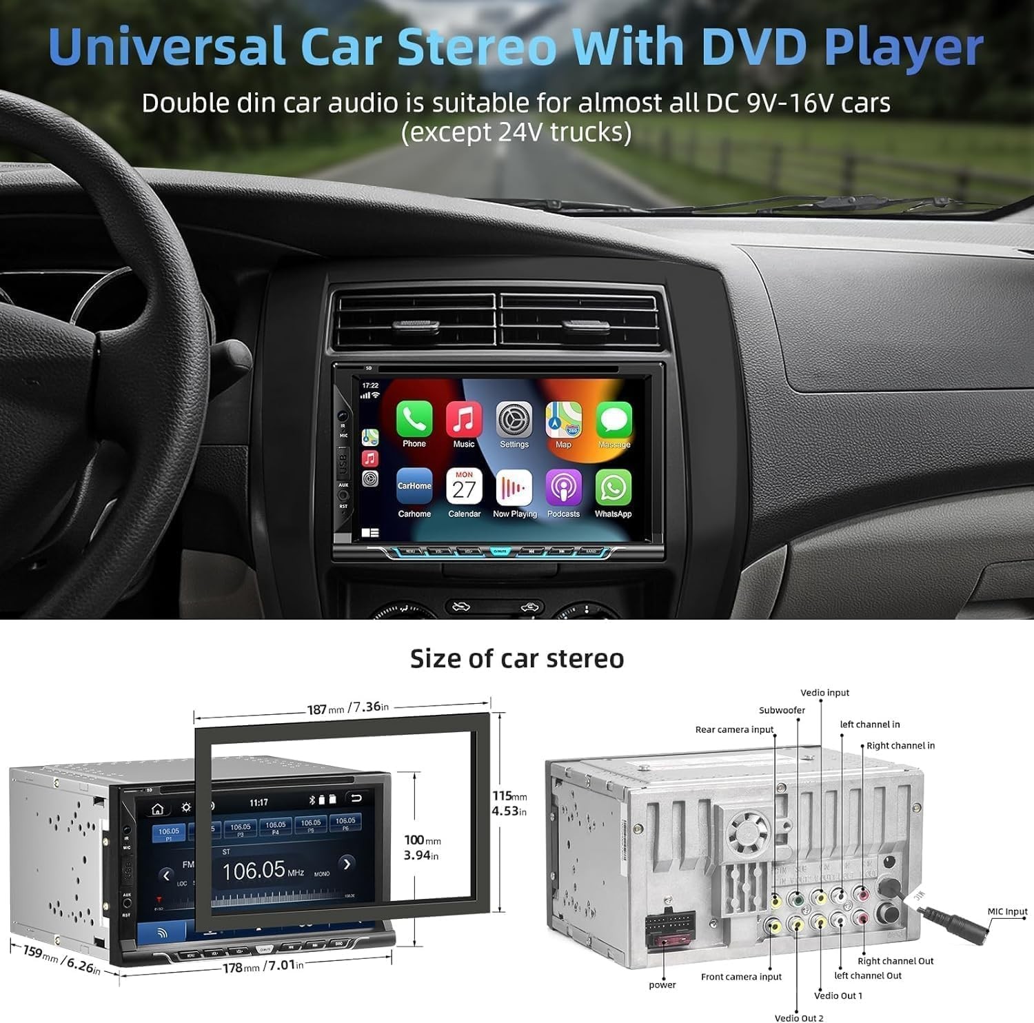 Double Din car Stereo with CD/DVD Player- CarPlay & Android Auto, Car Audio w…