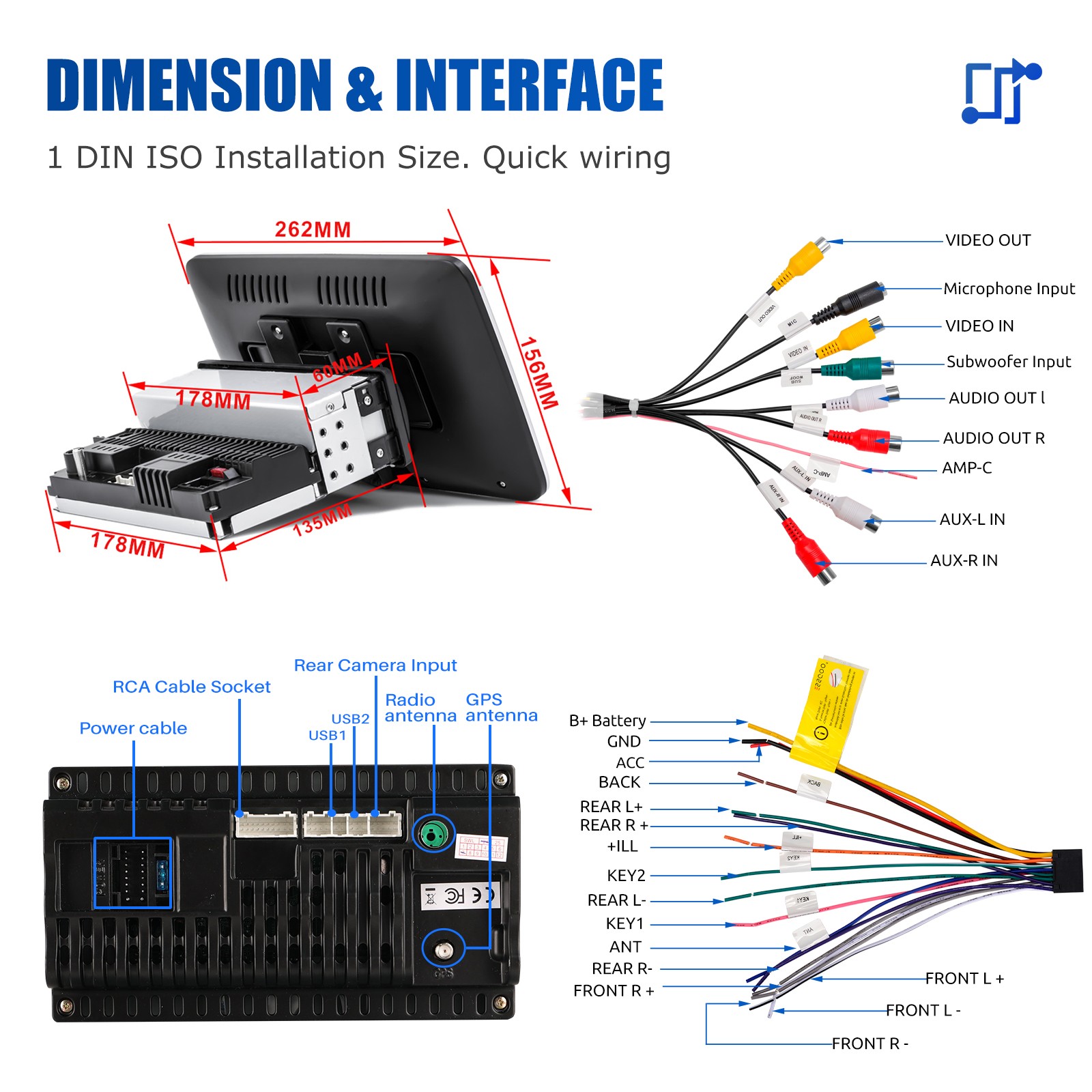 10.1″ DVR+ Carplay 4+64G Car Stereo Radio 1Din Rotatable Touch Screen MP5 BT+AHD
