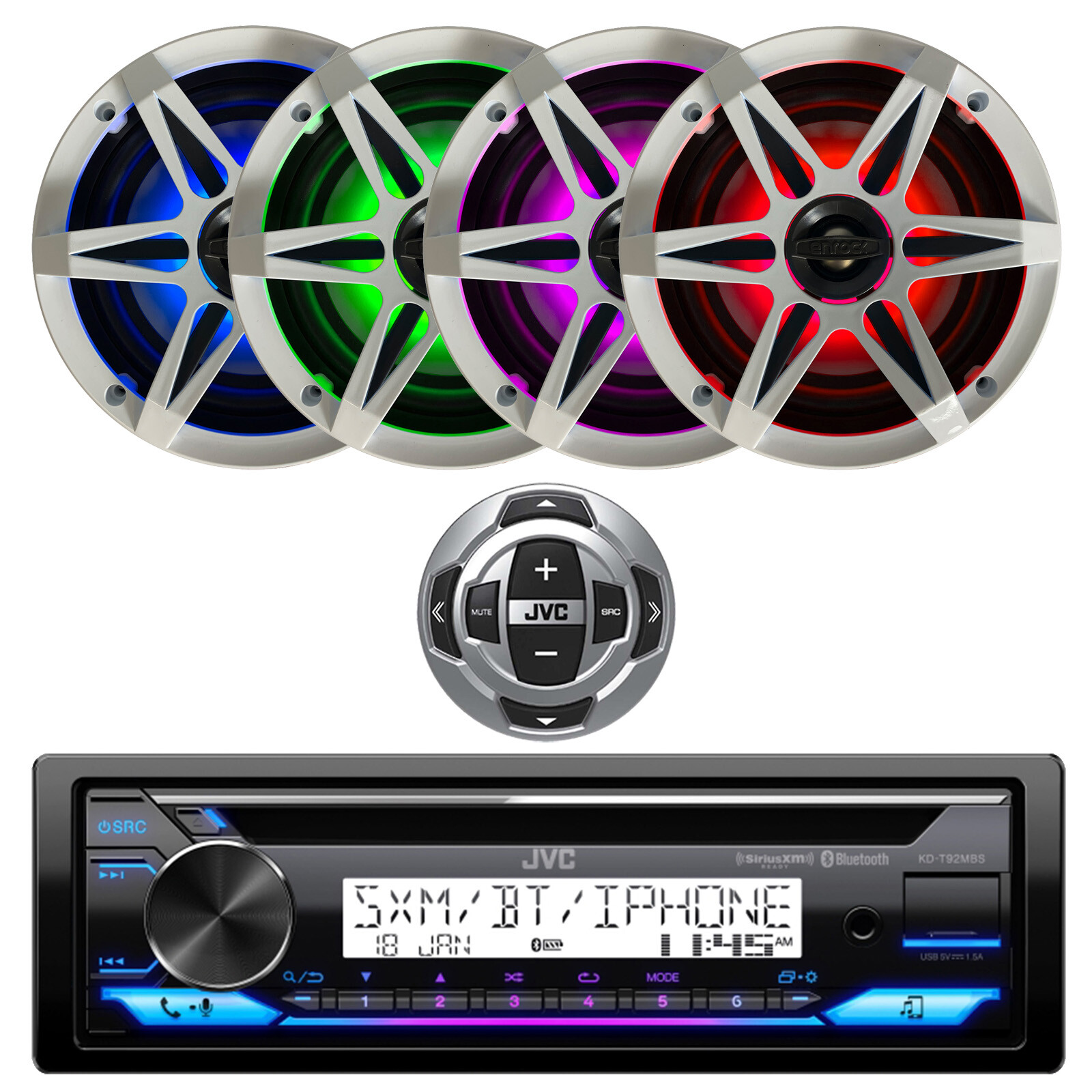 JVC Marine Bluetooth CD Receiver, 4x 6.5″ LED Speakers, Grilles, Wired Remote