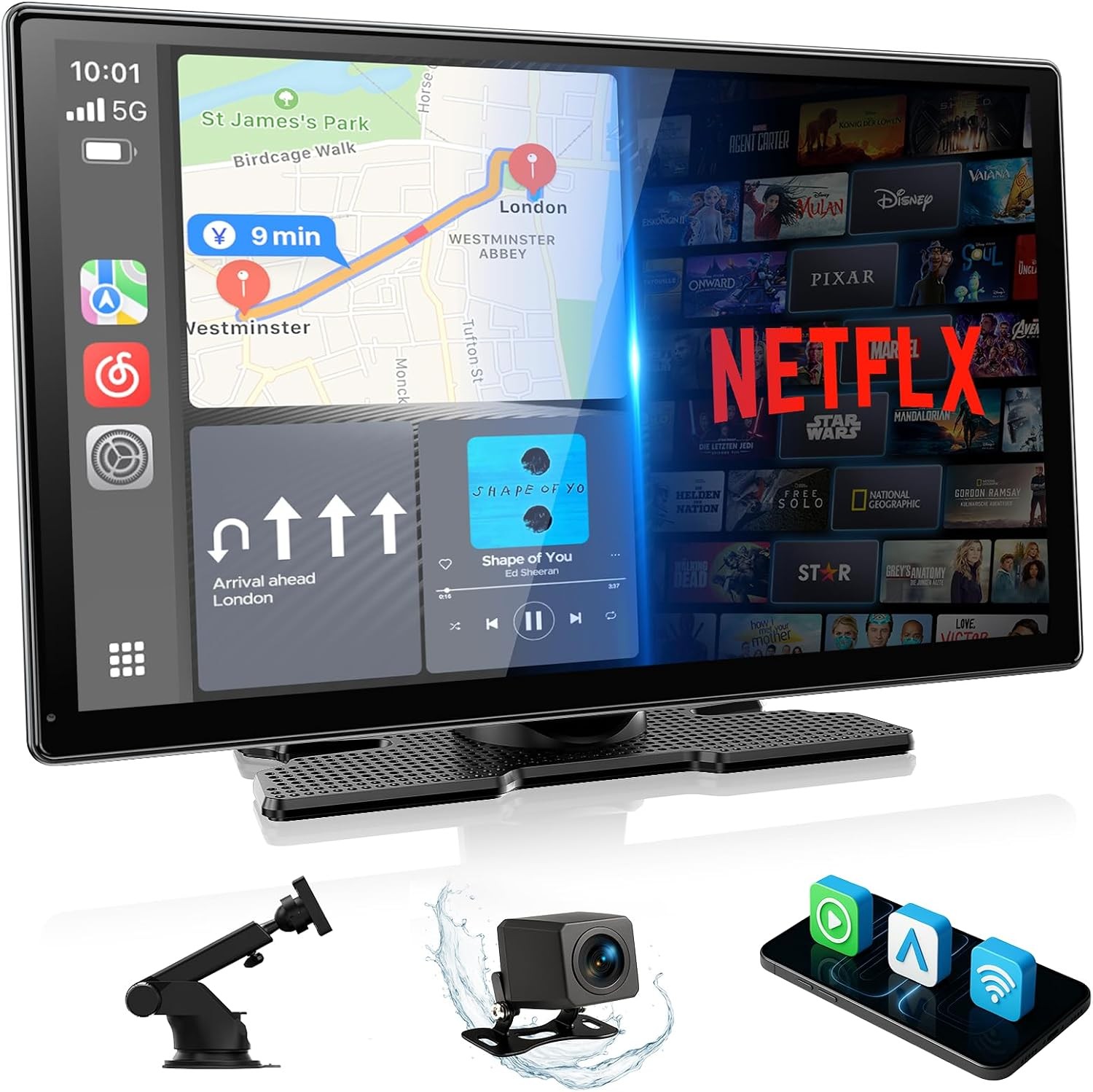 3-in-1 9’Carplay Screen Wireless with Net-Flix YouTube AI Video BOX +Rear Camera