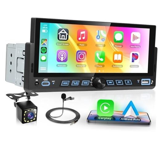Single Din Car Stereo with Wireless Carplay Android Auto, 6.86 Inch with Knob