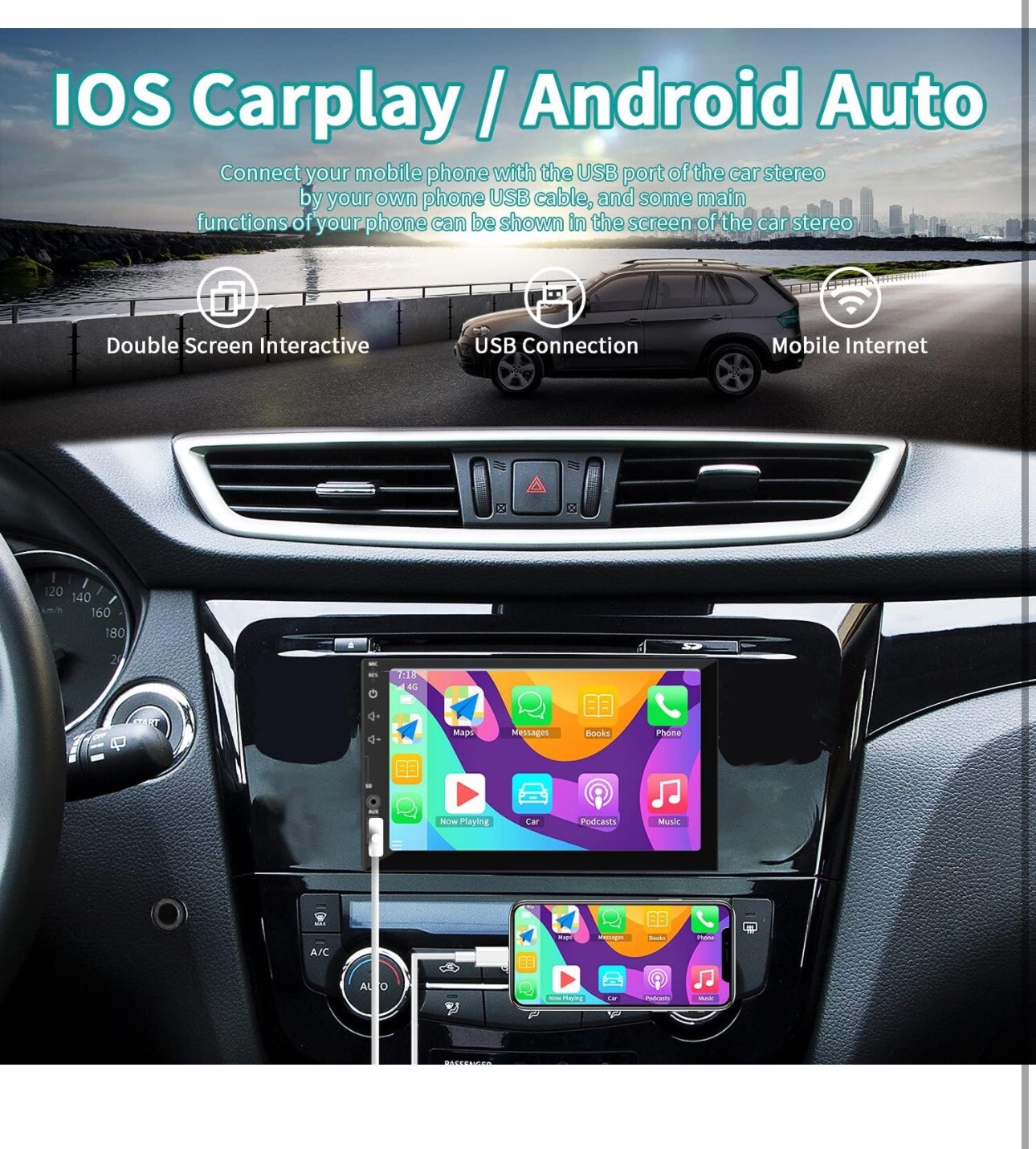 Touch Screen Car Stereo Radio B-T FM Player For Apple Carplay Android Auto