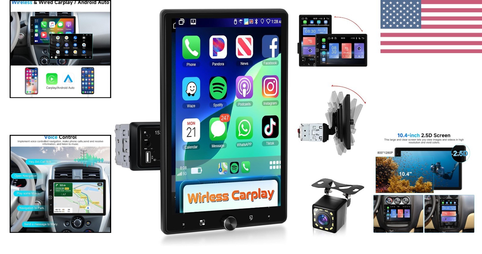 10.4″ Single Din Radio Car Stereo with Wireless CarPlay & Android Auto, Rotat…