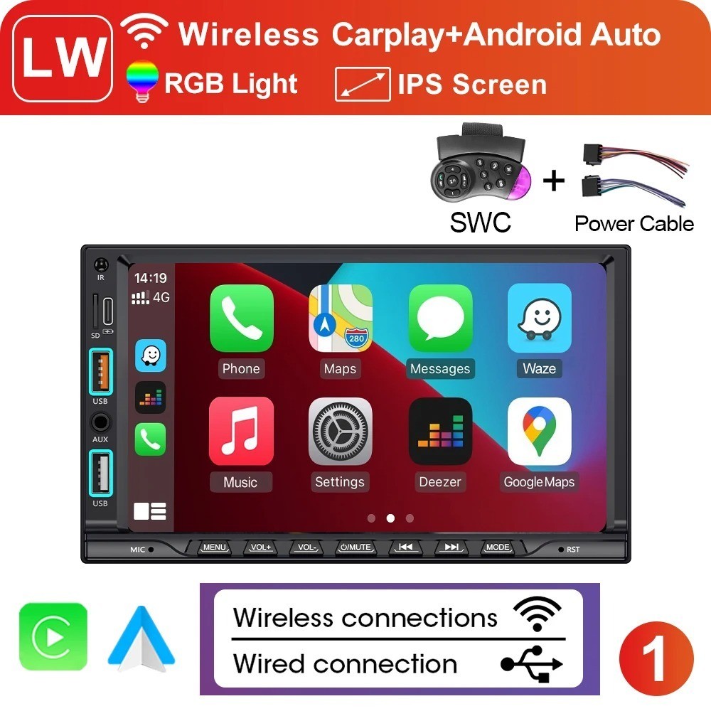 Single 1Din 7″ Touch Screen Stereo Bluetooth Radio Car Apple/Android Carplay GPS