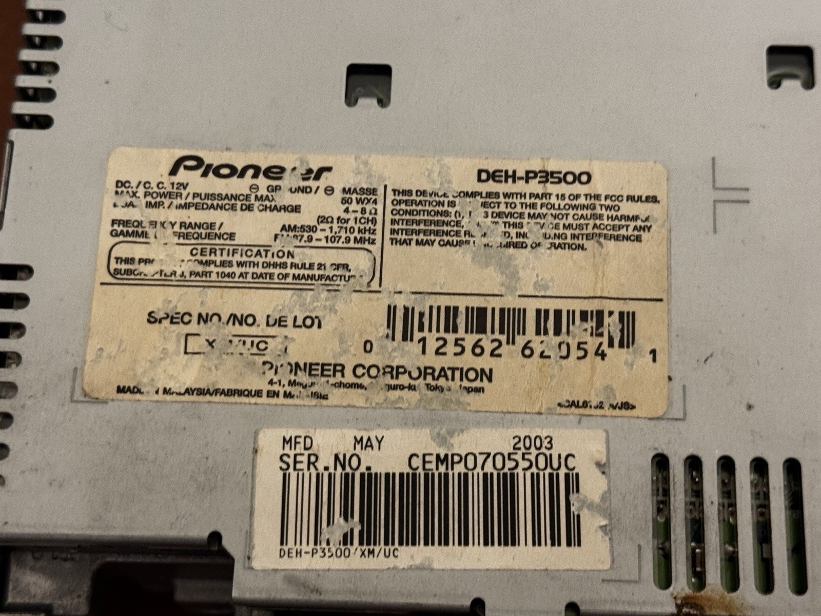 Pioneer DEH-P3500 October 2003 Mosfet 50 Wx4 Car Stereo CD Player