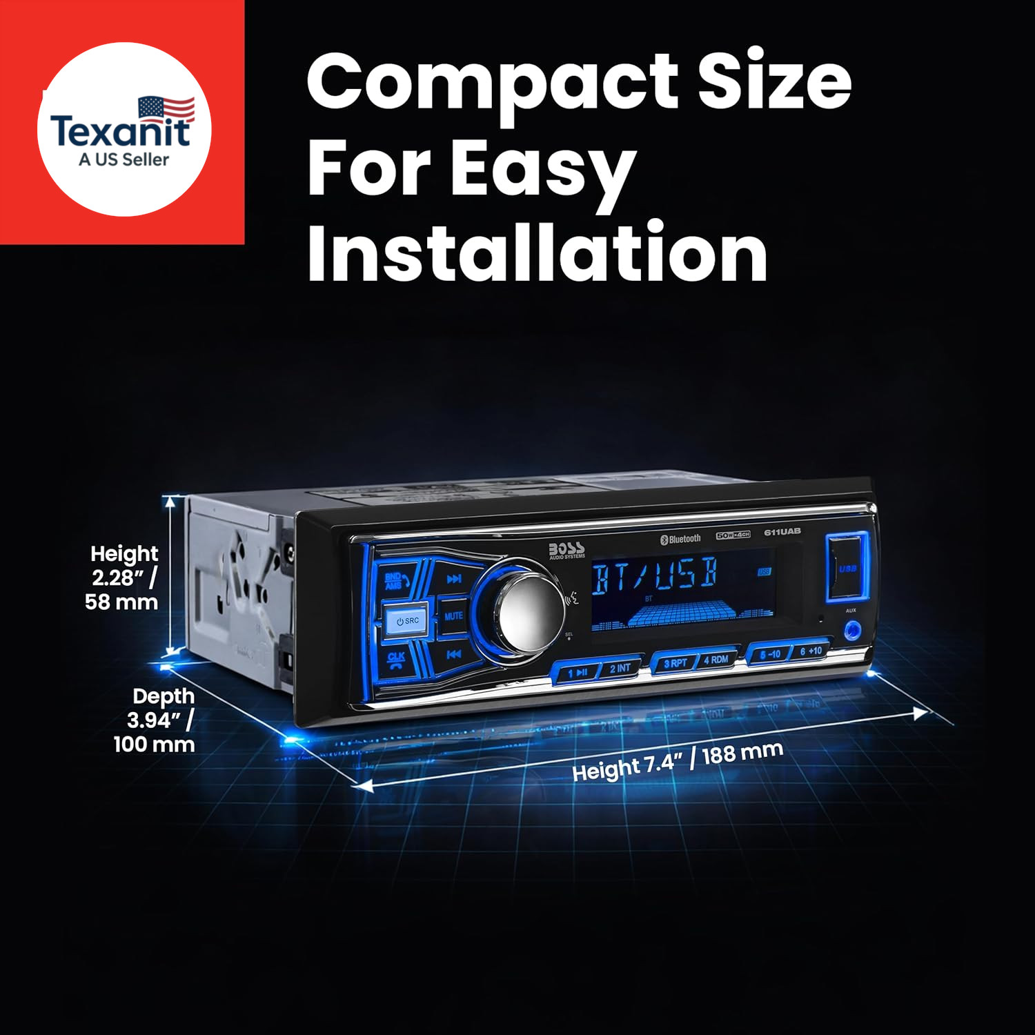 611UAB Car Stereo – Single Din, Bluetooth, No CD DVD Player, AM/FM Radio Receive