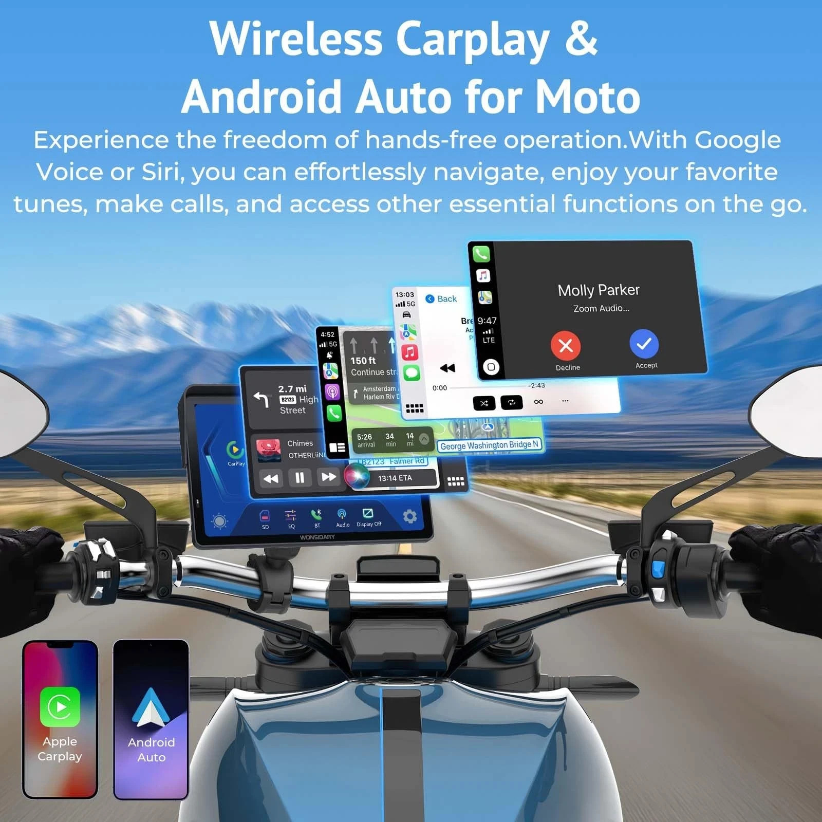 Wonsidary W722 for Motorcycle CarPlay Android Auto,7 Waterproof Smart