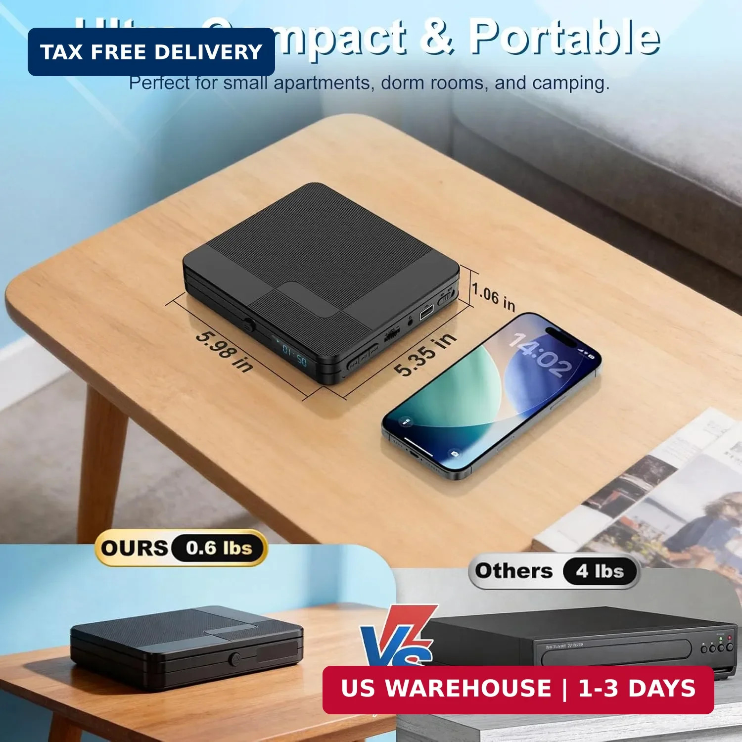 Mini DVD Player with Remote Control – All Region Free 1080P HD Small Compact CD