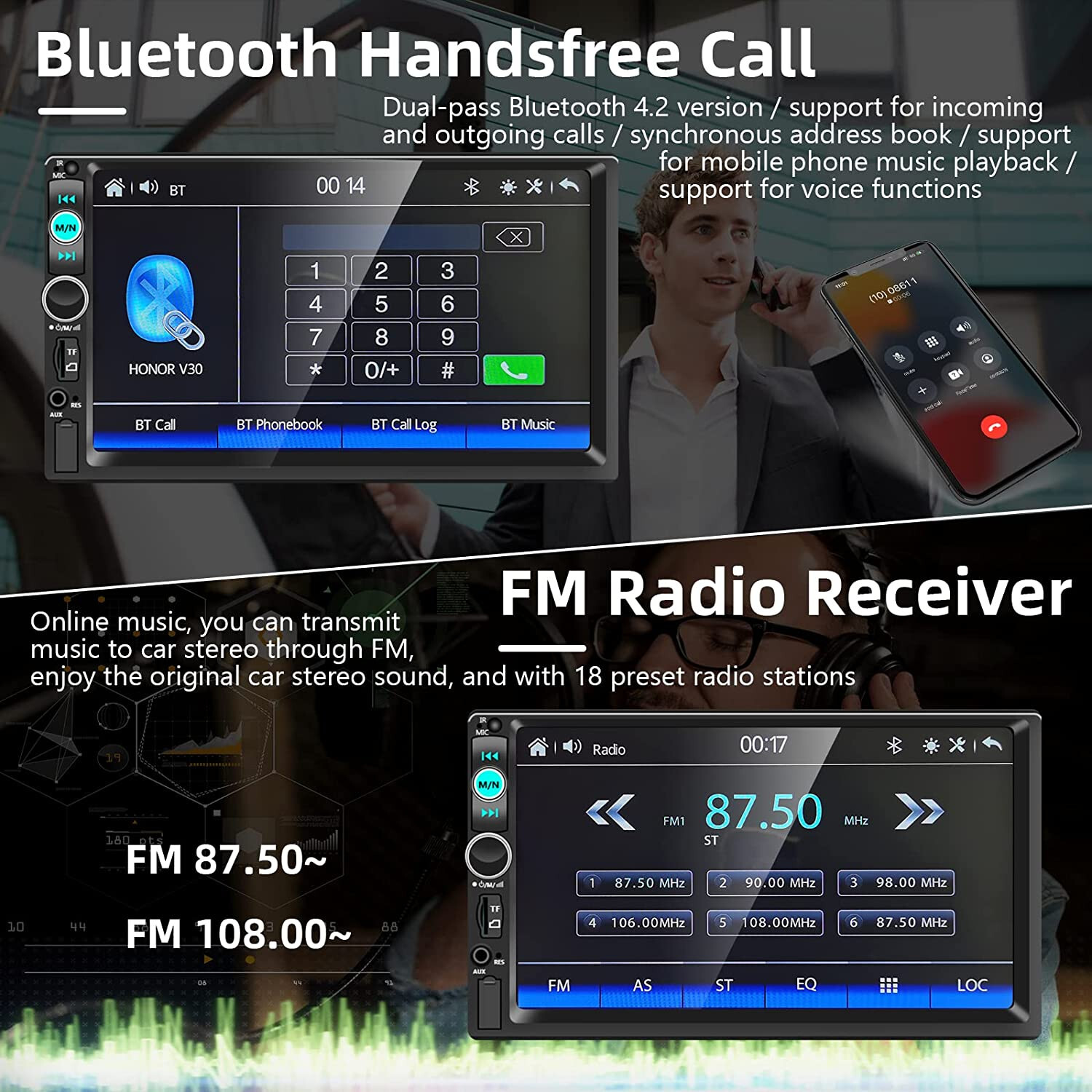 7″ Car Stereo 2DIN Radio Bluetooth Backup Camera Mirror with Car Play
