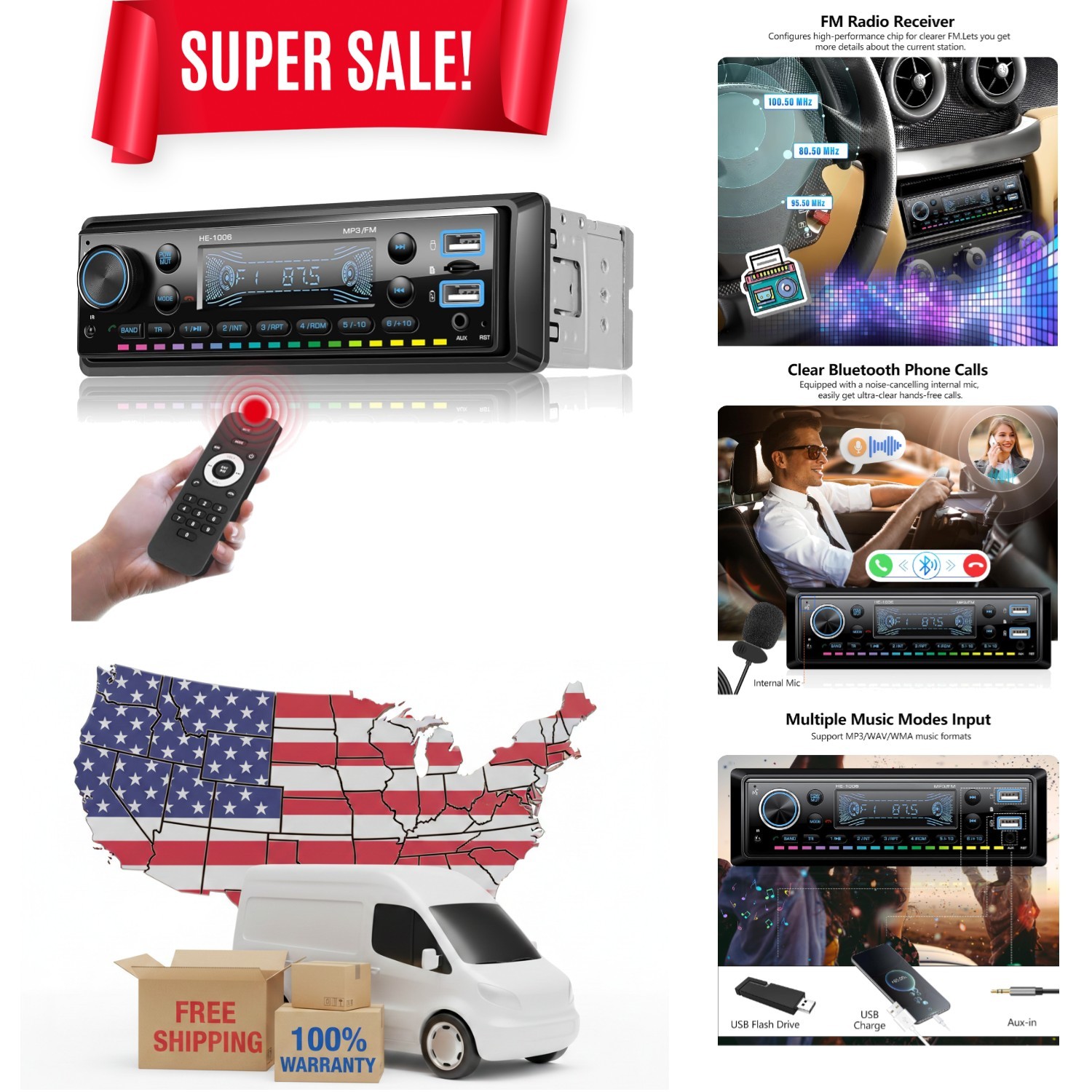 Compact Bluetooth Car Audio Receiver with USB/SD/AUX, Remote Control Included
