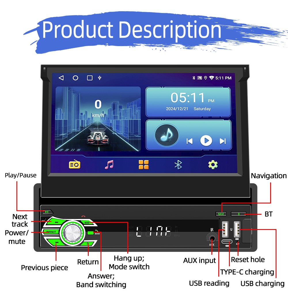 7″ 1 DIN Car Stereo Radio CarPlay Android 15 GPS NAV Flip Out Screen 4+64GB WIFI
