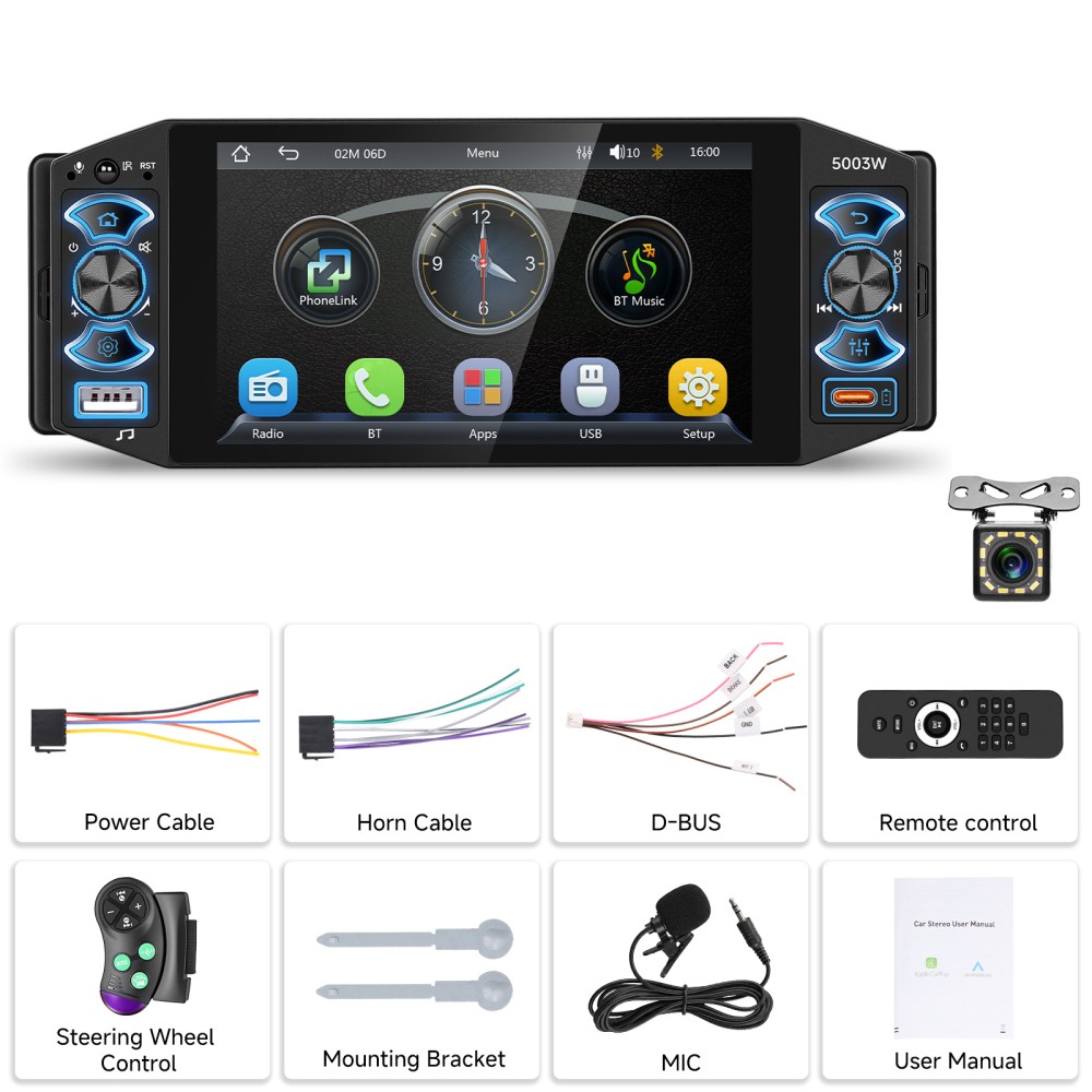 5″ Single 1Din Car Stereo Radio USB BT Wireless Android auto Carplay BT + Camera