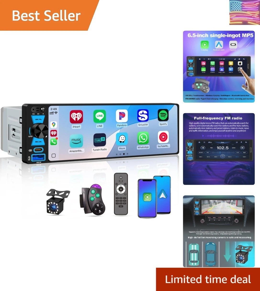 6.5″ Single Din Car Stereo Wireless Apple CarPlay Android Auto, Car Radio Blu…