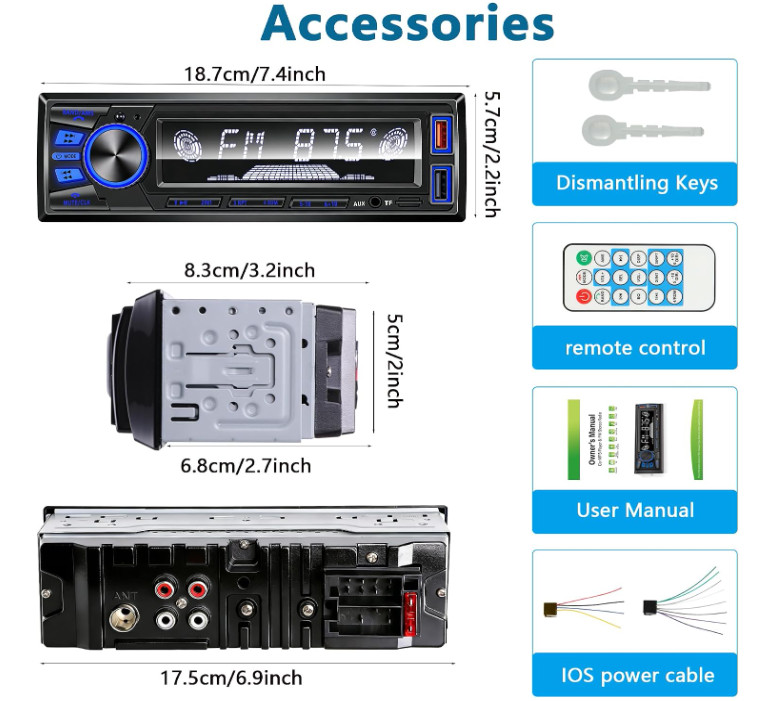 Autoradio Bluetooth Single DIN con Manos Libres, FM, MP3, EQ, Doble USB, SD, AUX