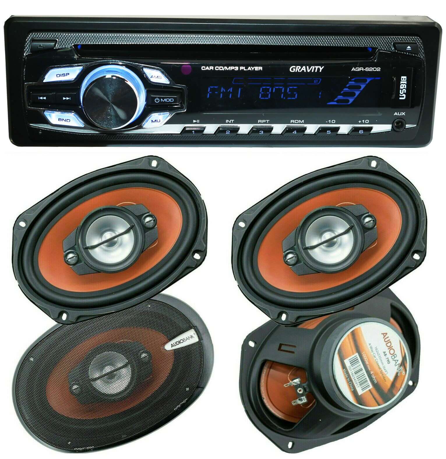 Gravity AGR-S202 Car Stereo Receiver + 4x Audiobank AB-790 6×9″ 4-Way Speakers