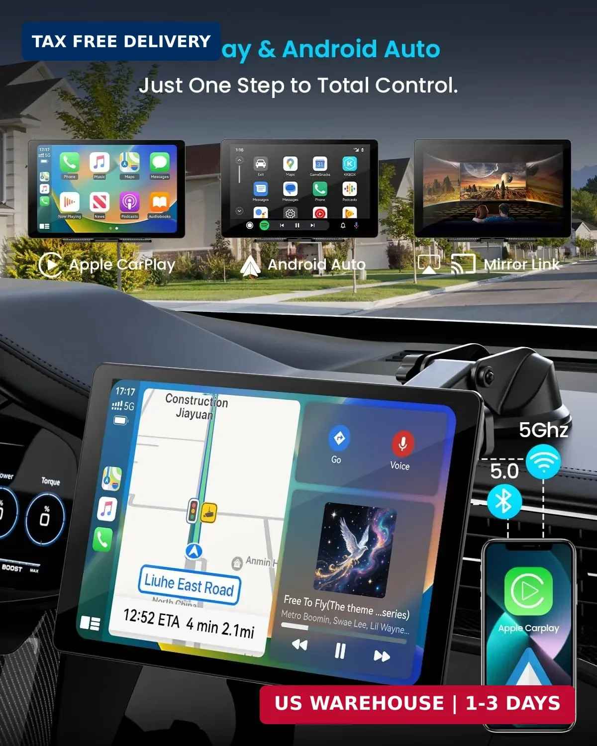 11″ Extra Large Wireless Apple CarPlay Screen for Car – Ultra-Slim 0.16 Inch Tou