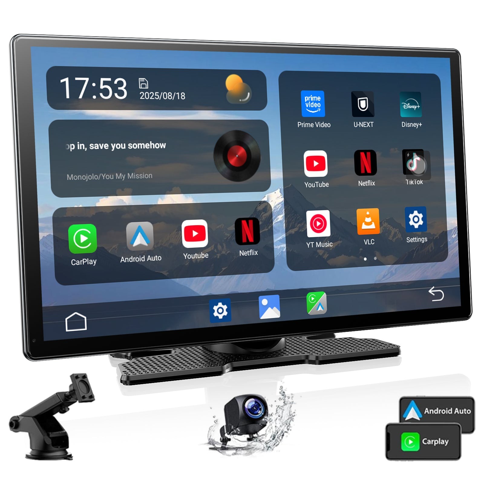 3 in 1 9″ Wireless Carplay Scree AI Video BOX w/Apps Youtube Netflix+Reverse Cam