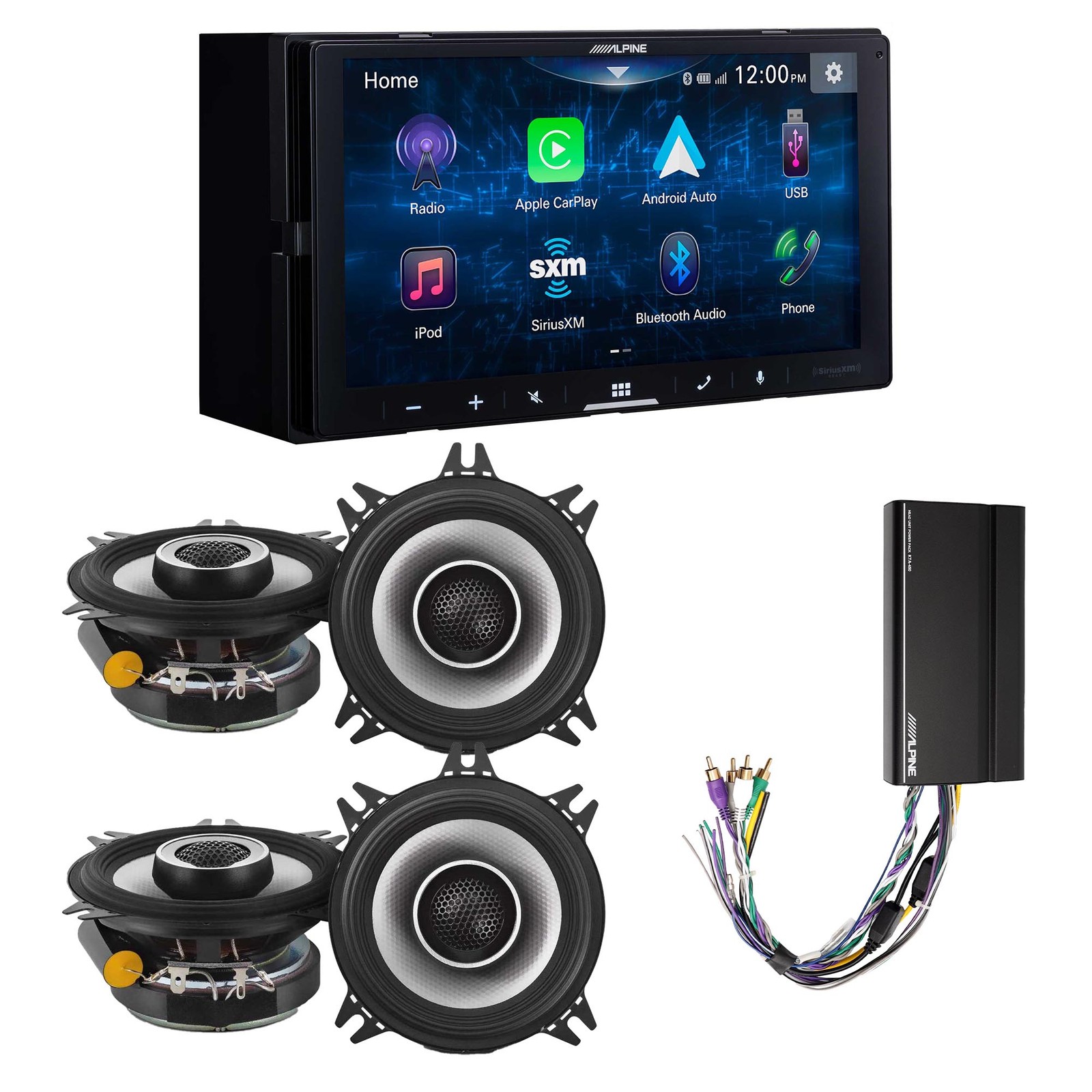 Alpine iLX-W670 Receiver, 2 Pairs S2-S40 4″ Speakers w/ Power Pack