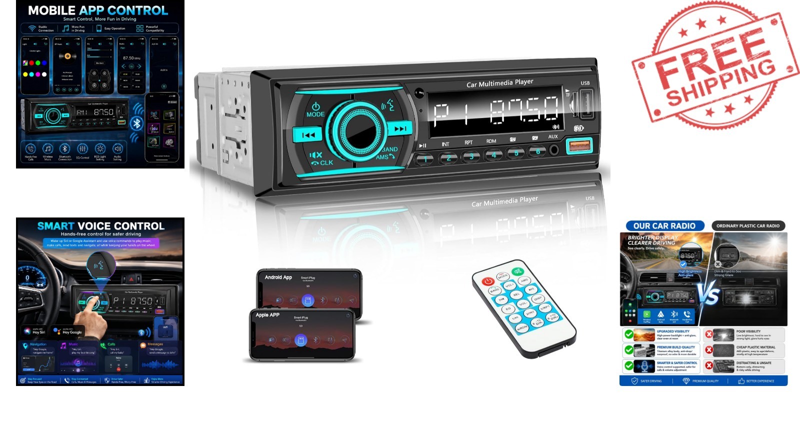 Bluetooth Single Din Car Stereo – Hands-Free Calling & App Control, 7 LED Colors
