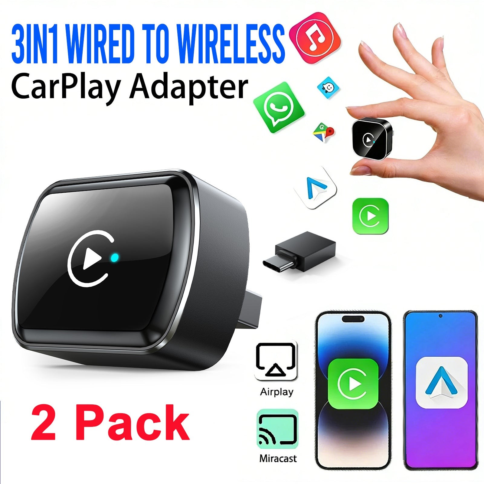 2* 4IN1 Mini Auto Wireless Adapter with Mirror Link Android Carplay Plug Play