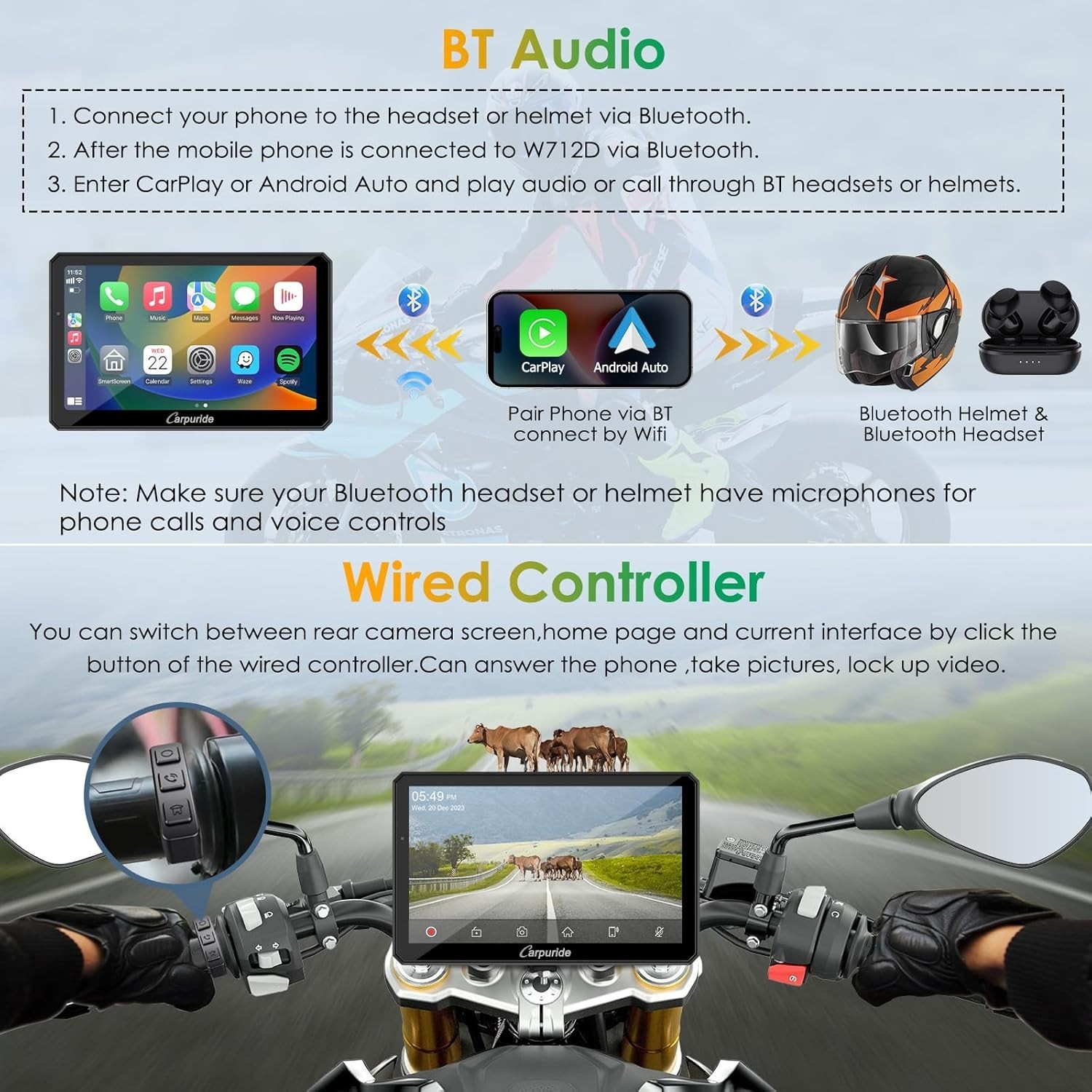 Carpuride W712D Moto CarPlay Android Auto Waterproof Touchscreen Wired Controlle