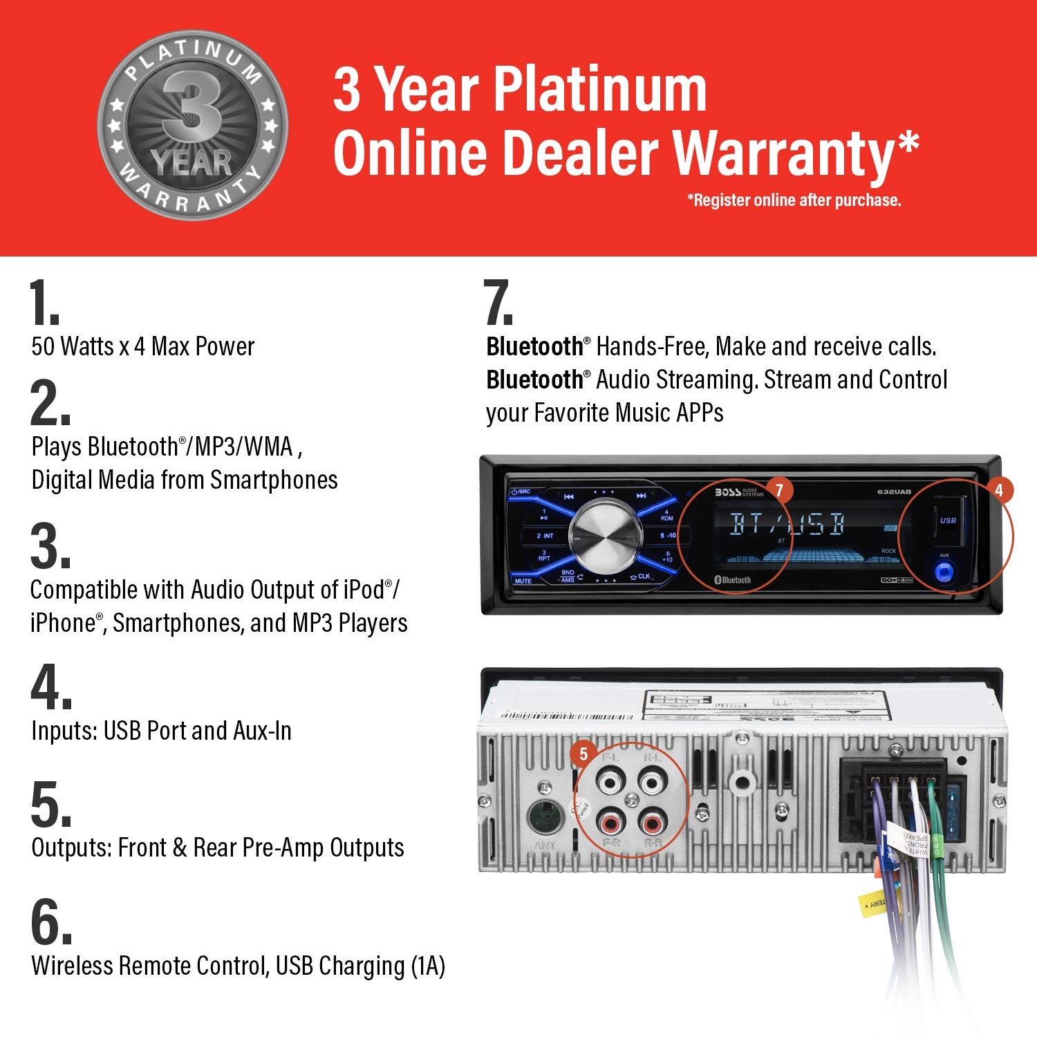 BOSS Audio Systems 632UAB Car Stereo – Single Din, Bluetooth, One Size, Black