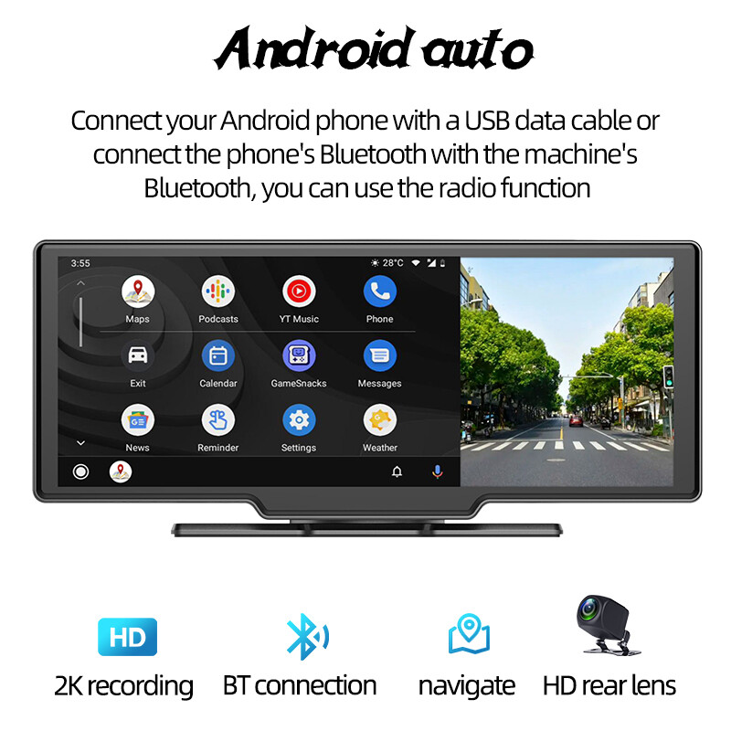 10″ Car Monitor DVR Video AHD Camera Android Auto Wireless Carplay For Apple Ios