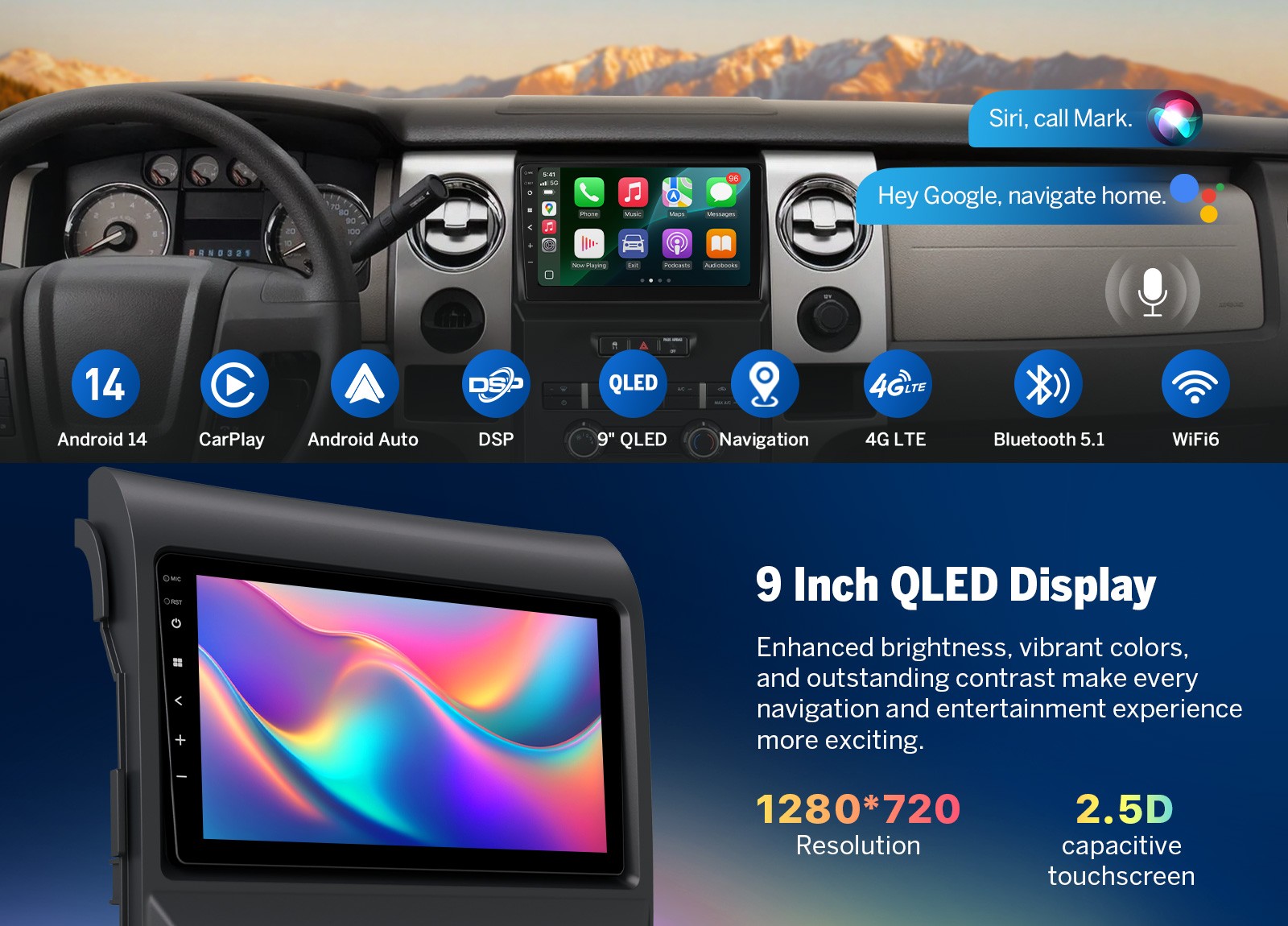 For Ford F150 2009-2014 9″Android 14 QLED Car Radio HeadUnit CarPlay 6+64 4G LTE