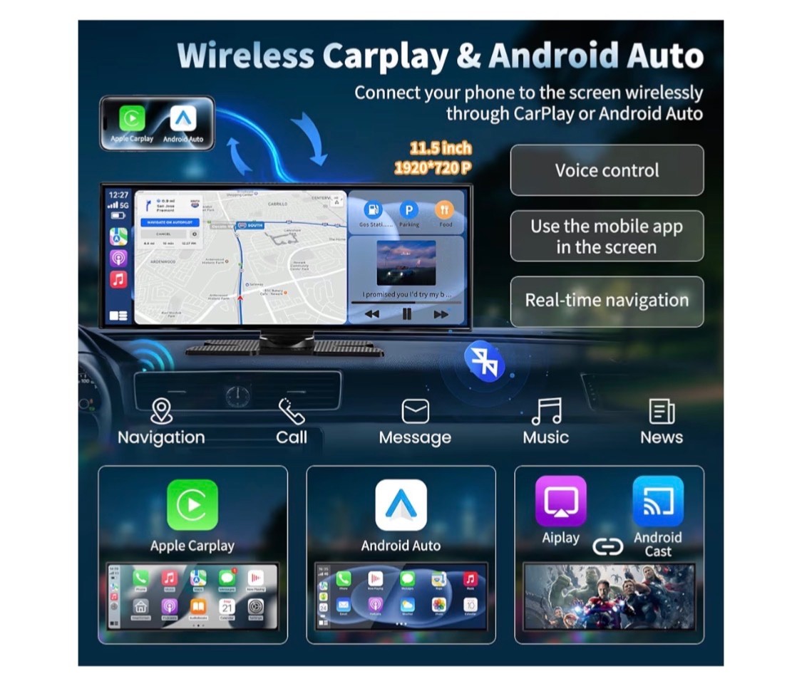 Wireless Carplay Screen for Car, 9″ Extra Large A-pple CarPlay & Android Auto Sc
