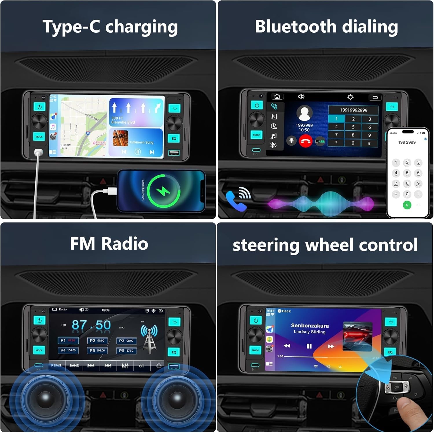 Estereo De Pantalla con Bluetooth Para Coche Carro Auto Backup Camera USB/AUX/FM
