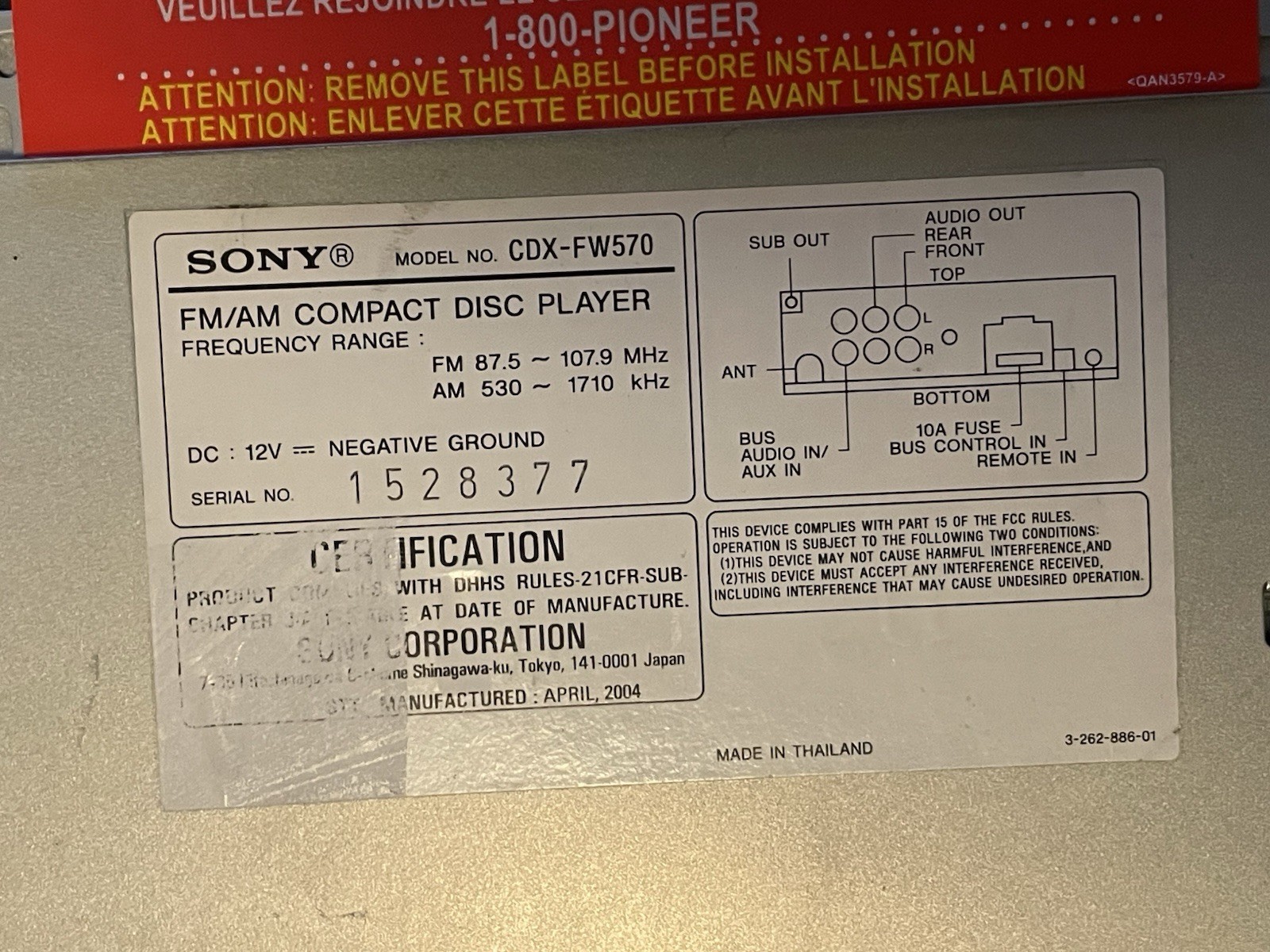 Sony FM/AM Compact Disc Player MP3 Model CDX-FW570 Xplod With OEM Remote