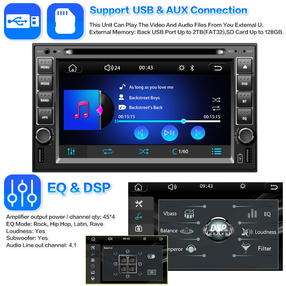 Apple Carplay Navi Car Stereo Radio DVD CD Player For standard Double Din camera