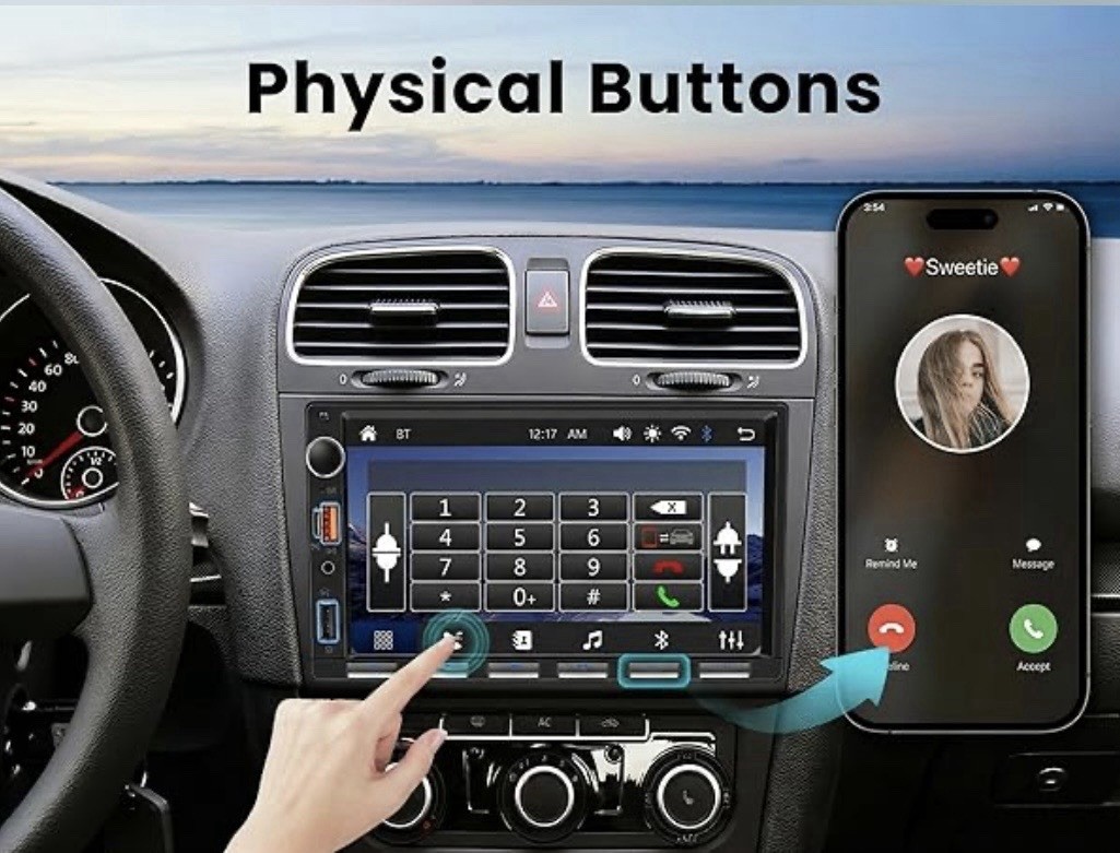 Double Din 7 Inch Car Stereo with Wireless Carplay & Android Auto Backup Camera