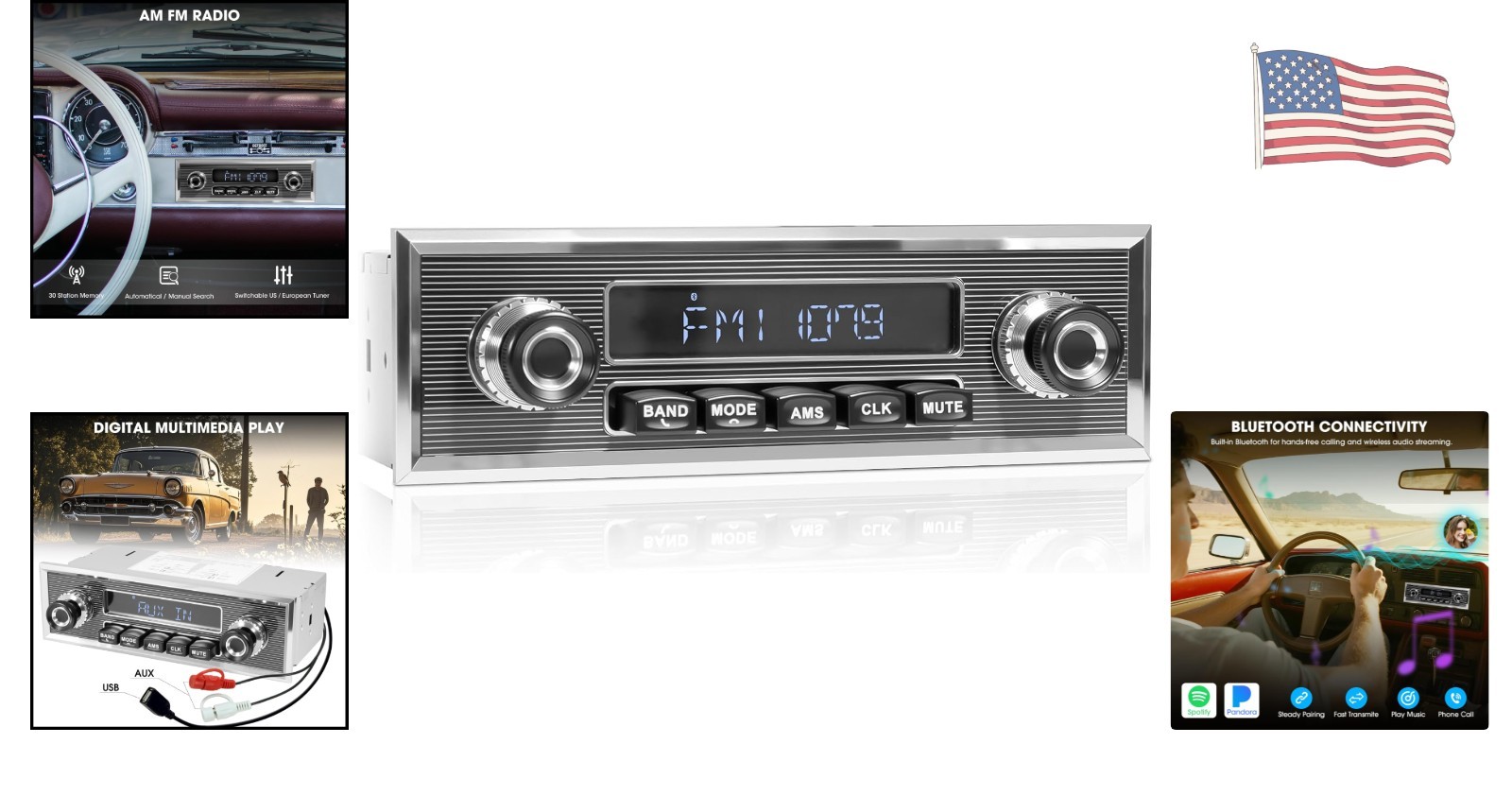 Retro Style Bluetooth Radio for Classic Vehicles: 300W Power & Easy Installation