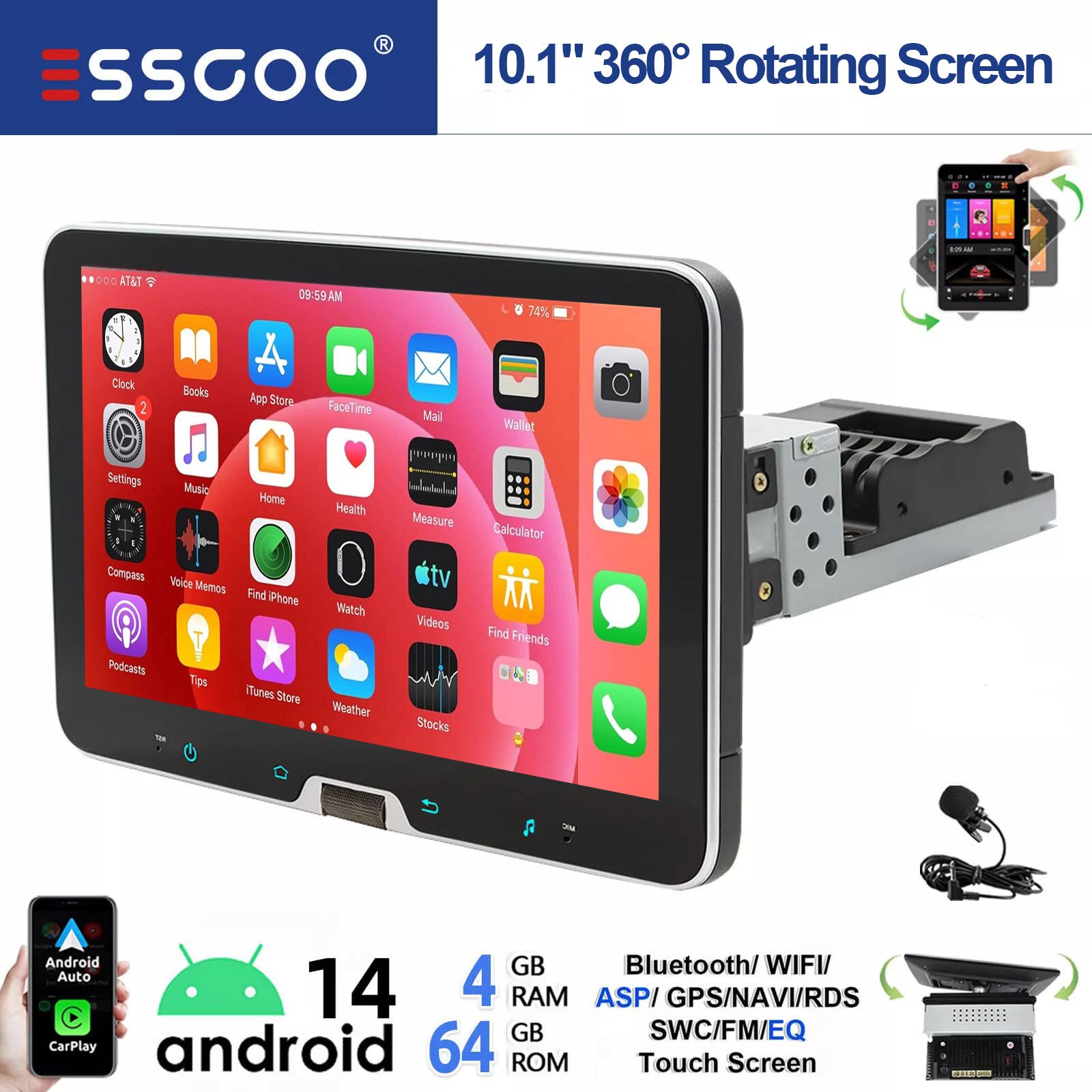 Rotatable 10.1” Touch Screen Car Stereo Android 14.0 1Din Radio GPS Navi WiFi