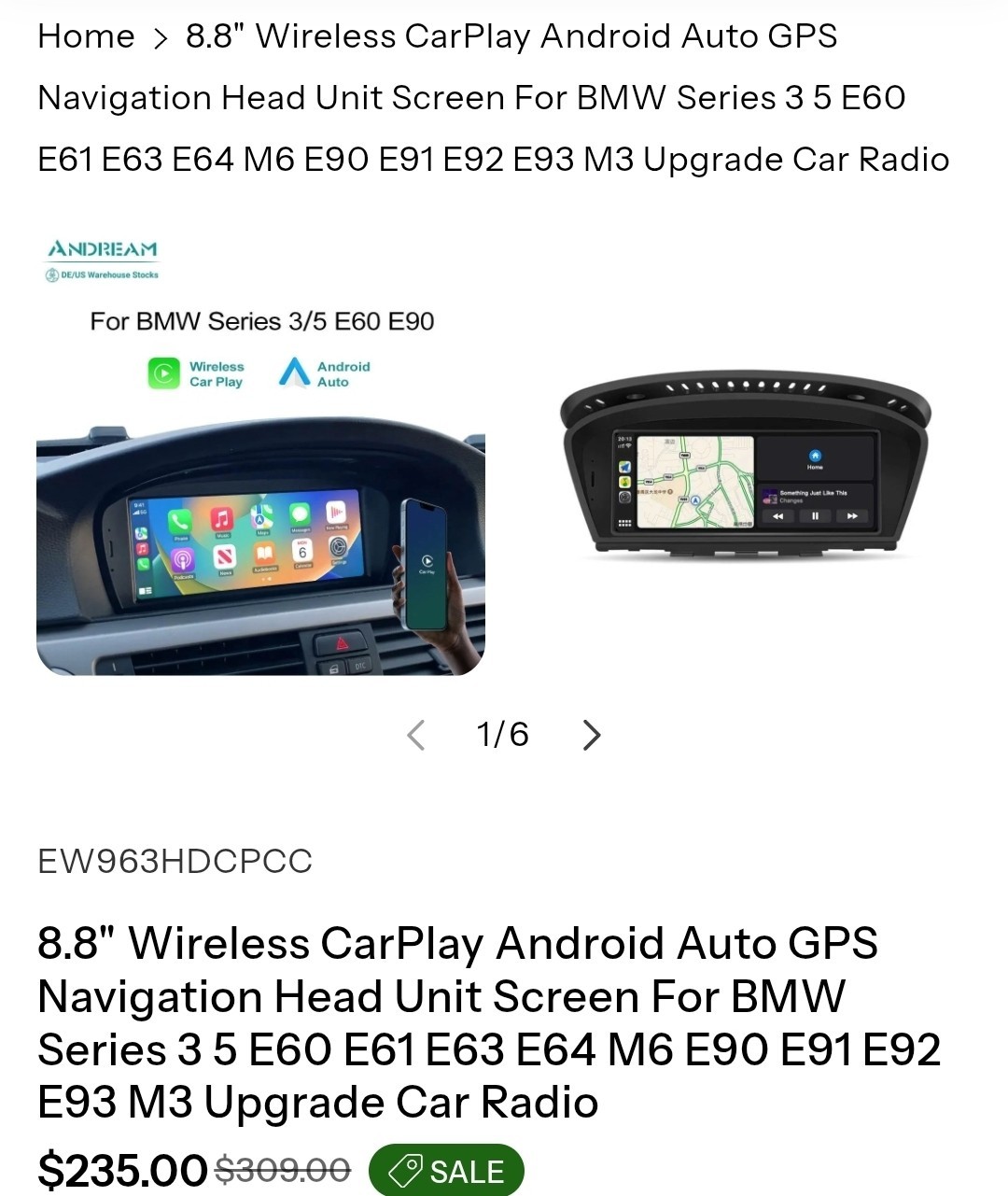 8.8″ Wireless CarPlay Android Auto GPS Navigation Head Unit Screen For BMW
