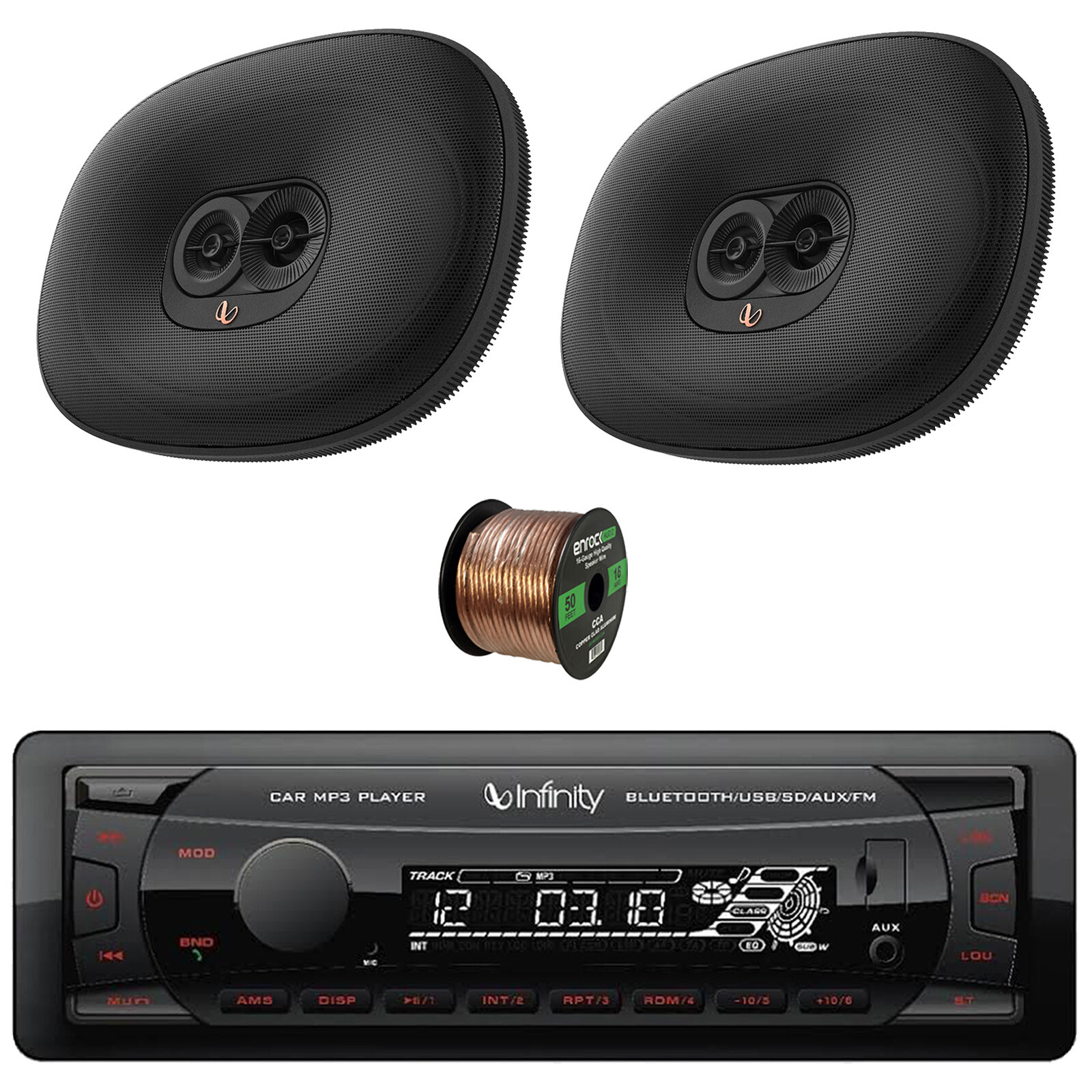 Infinity Bluetooth FM Radio Receiver, 6×9″ 180W Max Car Speakers (Pair), Wire