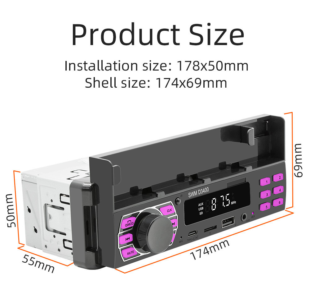 Single 1 Din Car Radio MP3 Player Bluetooth FM AUX USB Stereo With Phone Holder