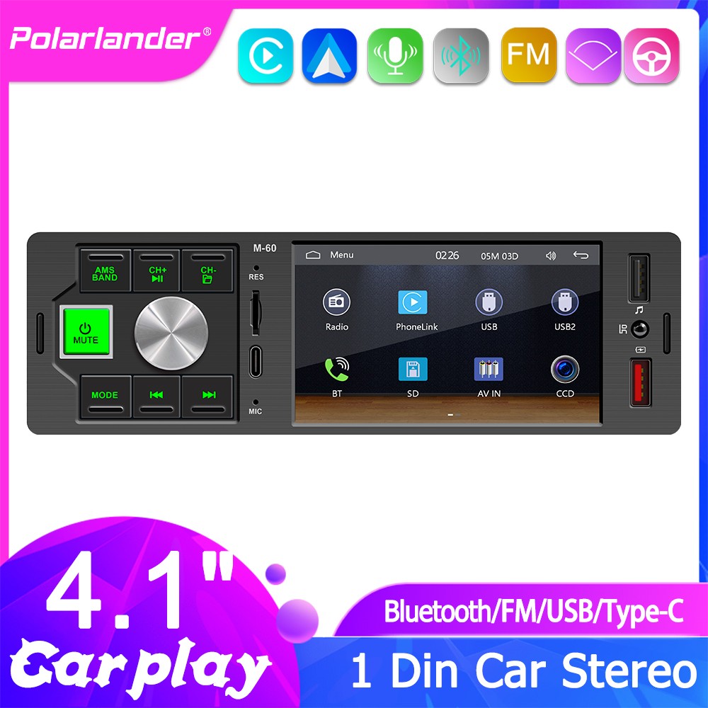 4.1in 1DIN Carplay Car Stereo Radio Mirror Link MP5 FM60 Type-C Bluetooth