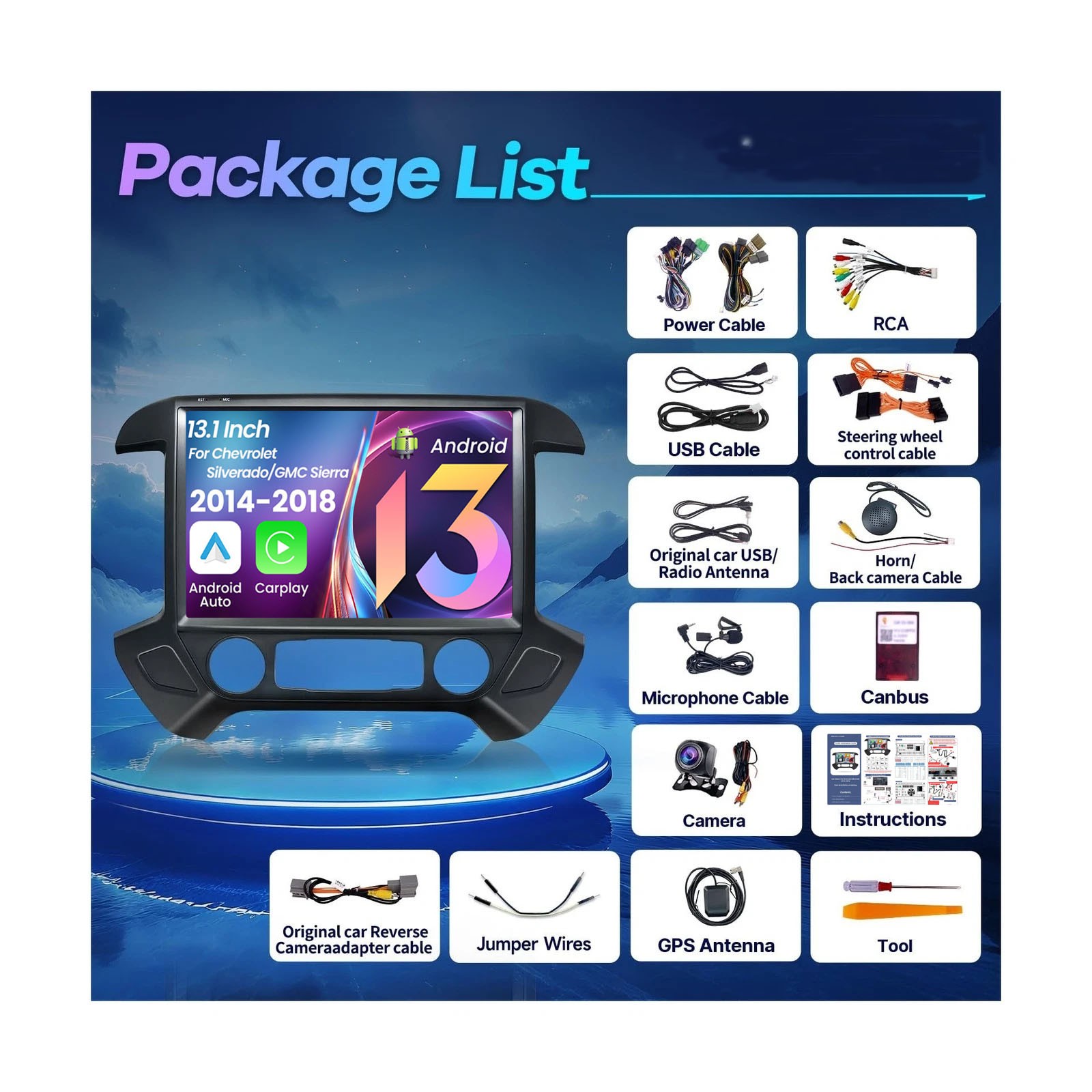 13″ Radio Stereo for Chevy Silverado GMC Sierra 1500 2500 3500 2014-2018 carplay