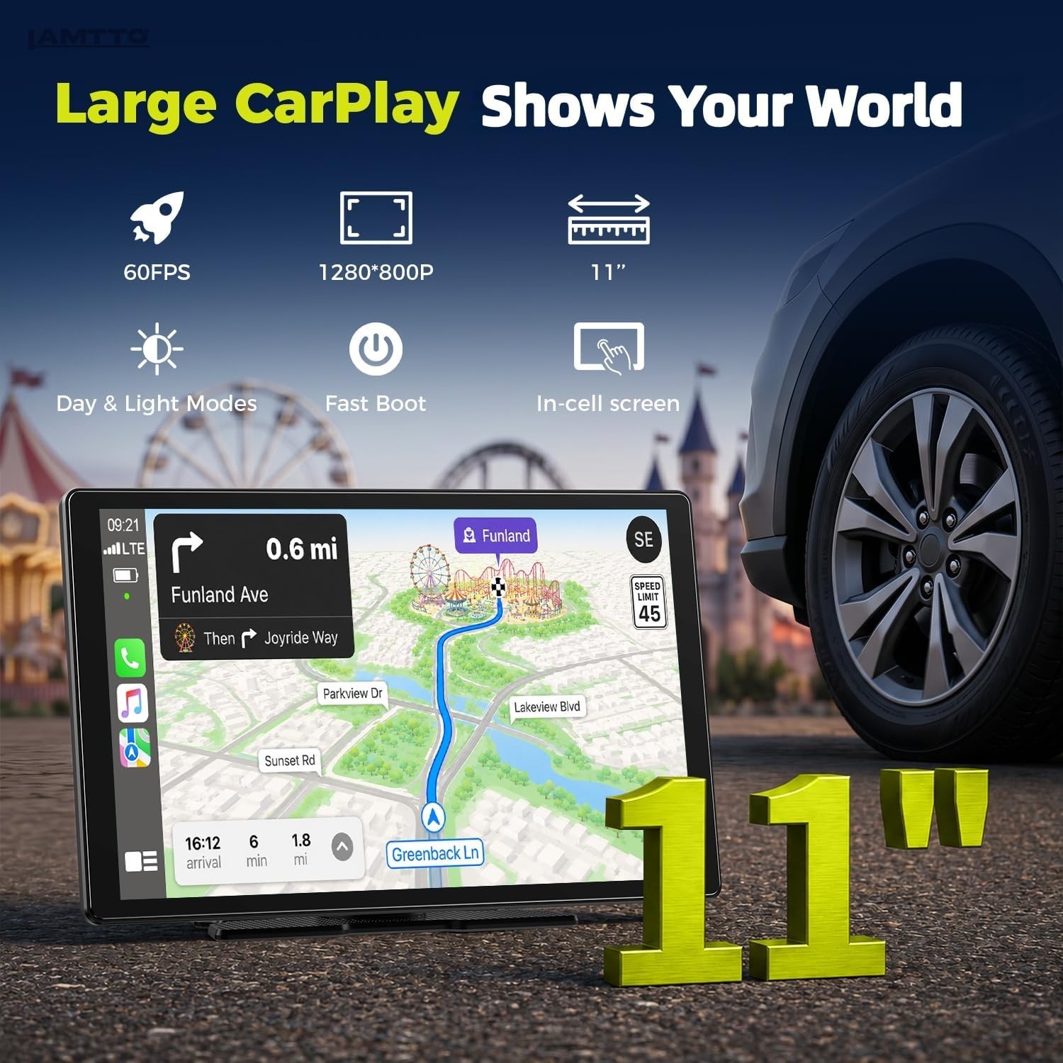 Lamtto 11in Touch Screen Car Bluetooth FM Wireless Apple CarPlay Android Auto