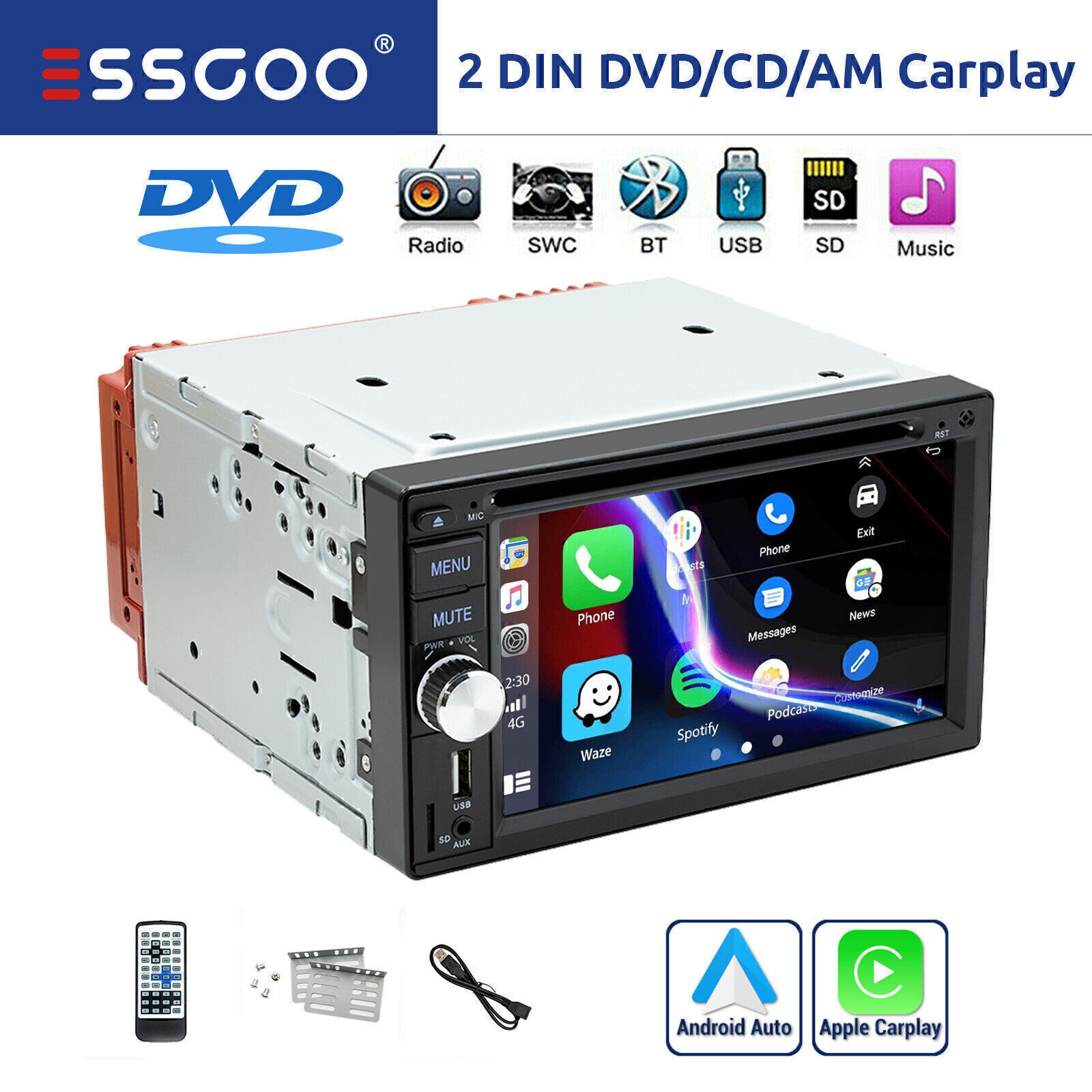 Double Din Carplay/Android Auto CD/DVD Player Car Stereo FM/AM AUX Bluetooth