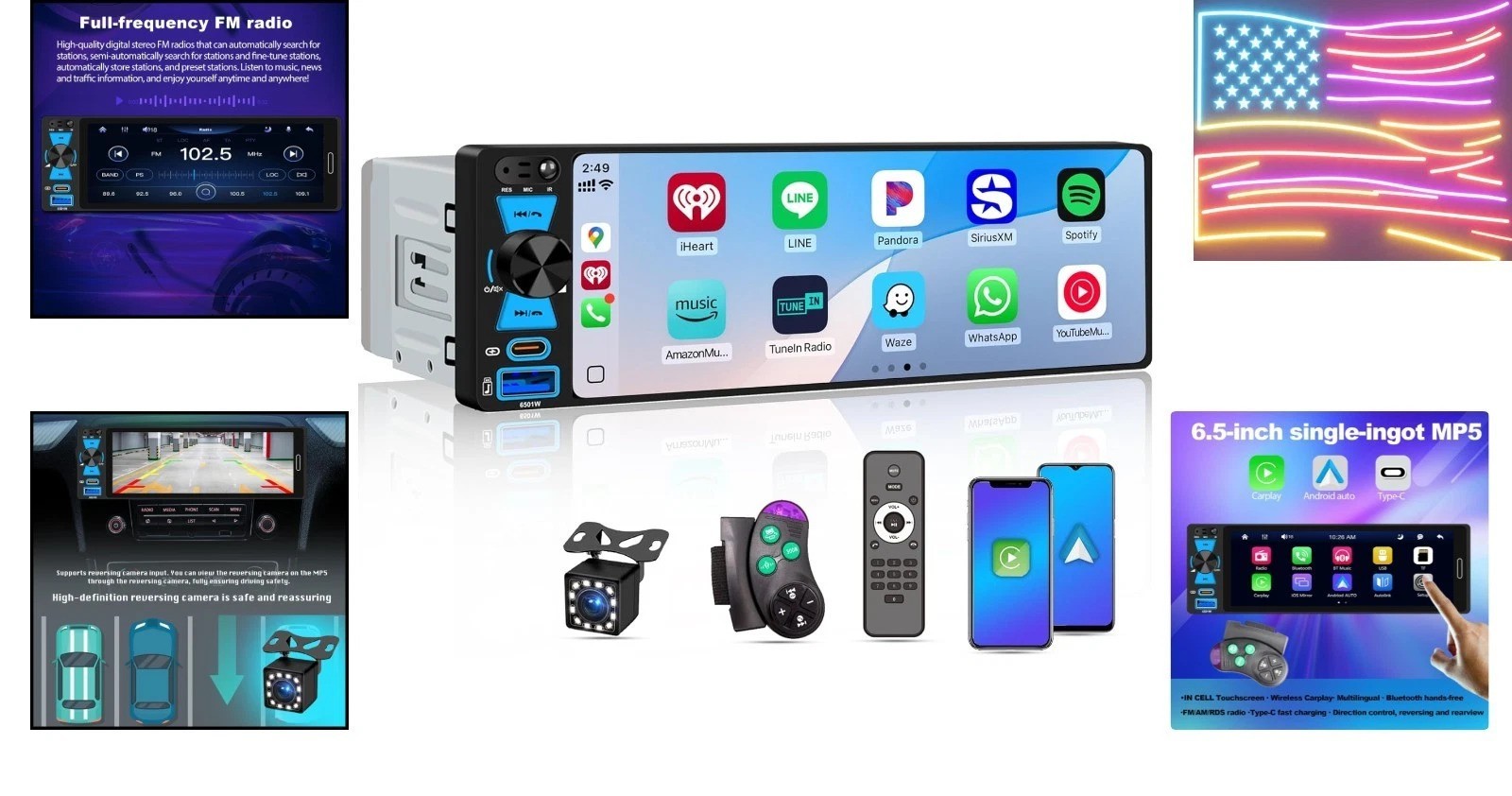 6.5″ Single Din Car Stereo Wireless Apple CarPlay Android Auto, Car Radio Blu…