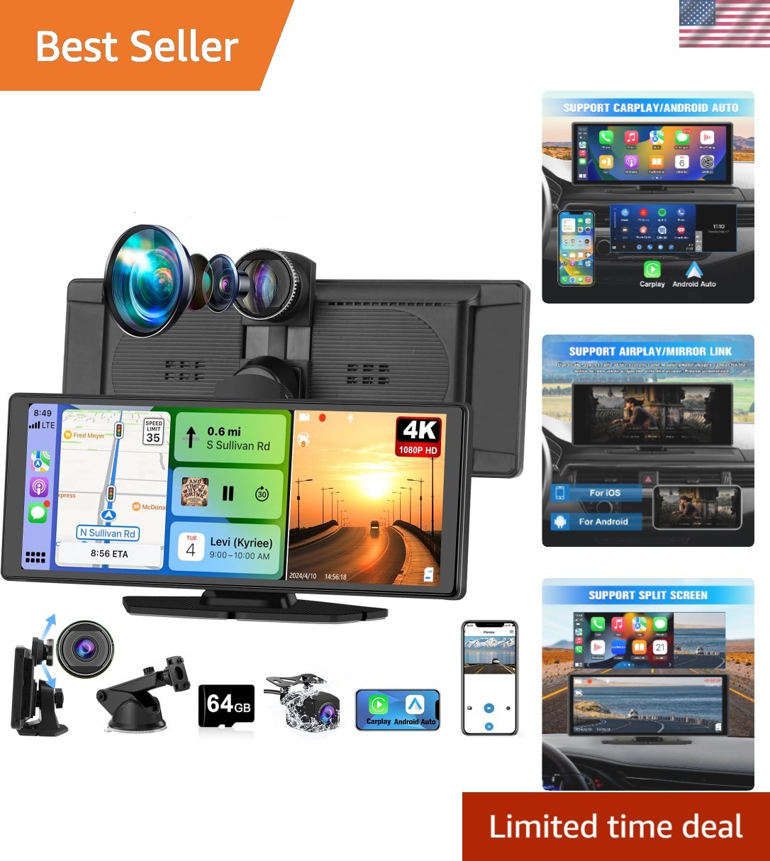 Universal Wireless CarPlay Screen with 4K+1080P Cameras, Lightweight Design