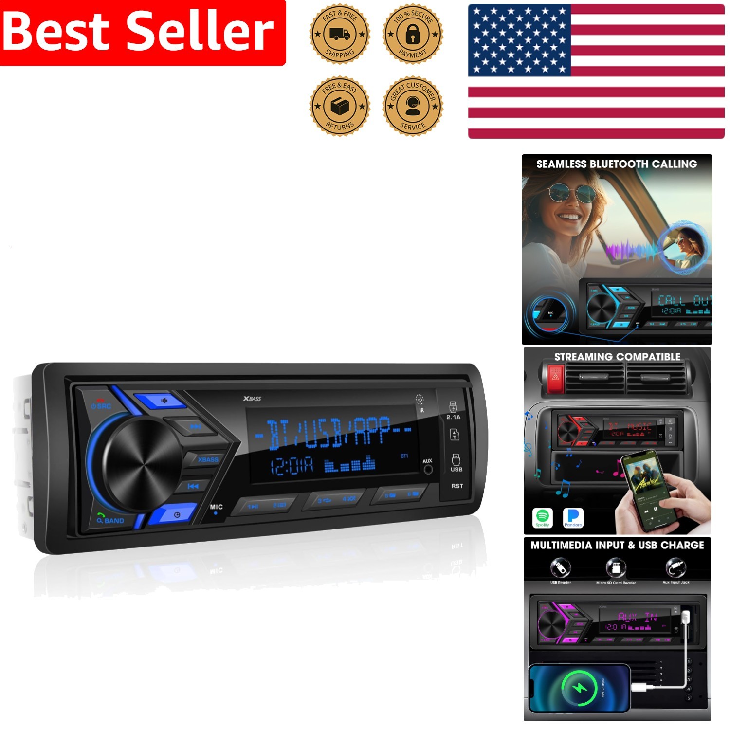Single Din Car Stereo Bluetooth MP3 Player LCD 300W USB SD AUX Fast Charge