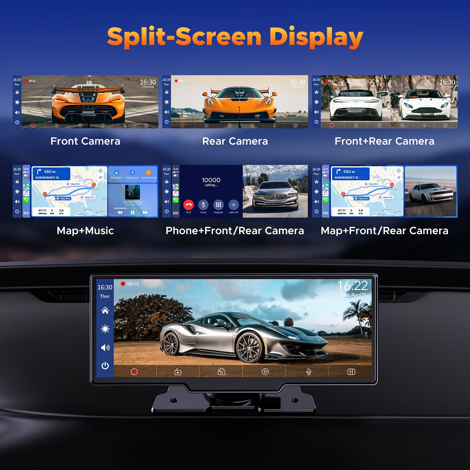 Universal Wireless Apple Carplay Portable Car Stereo Android Auto 2.5K Dash Cam