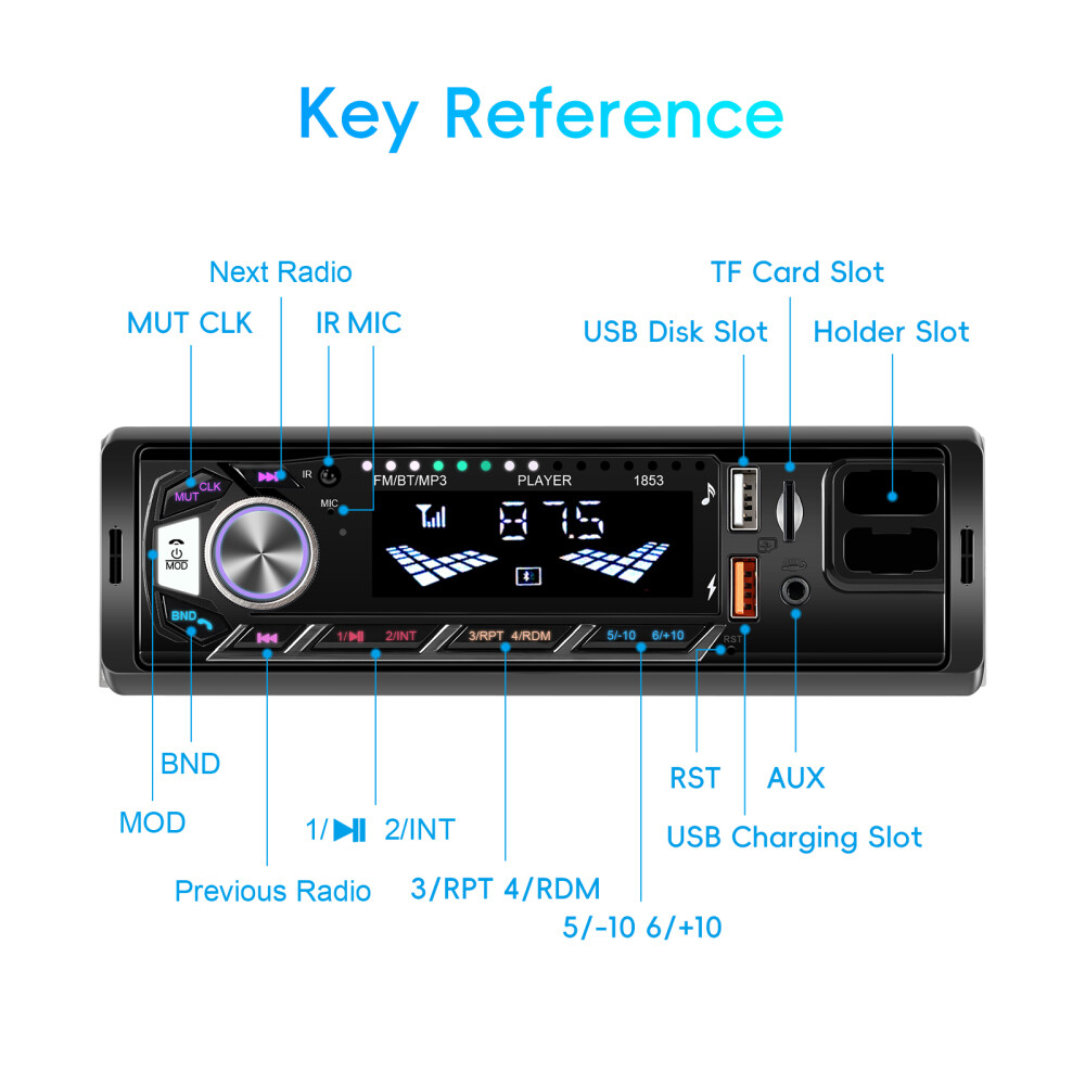 Car Radio Stereo Bluetooth 1Din FM Audio Head Unit MP3 USB/TF/AUX/Phone Holder