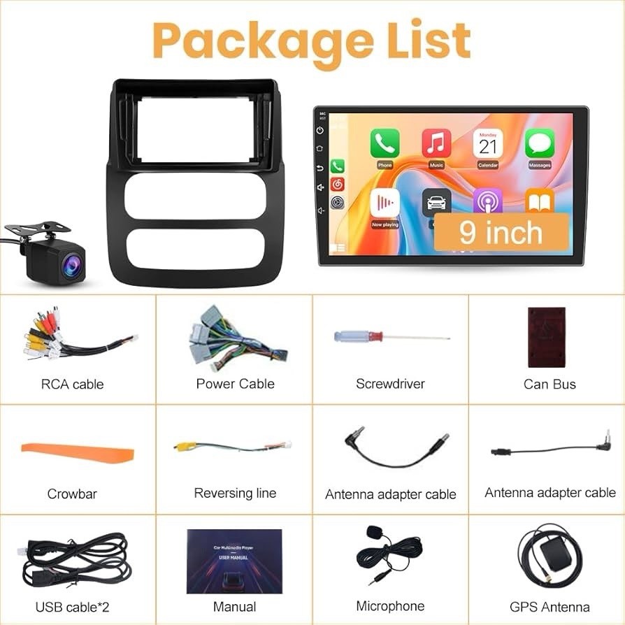 Mnasico 9in 2 DIN Android Car Radio Touchscreen Bluetooth GPS Wireless CarPlay