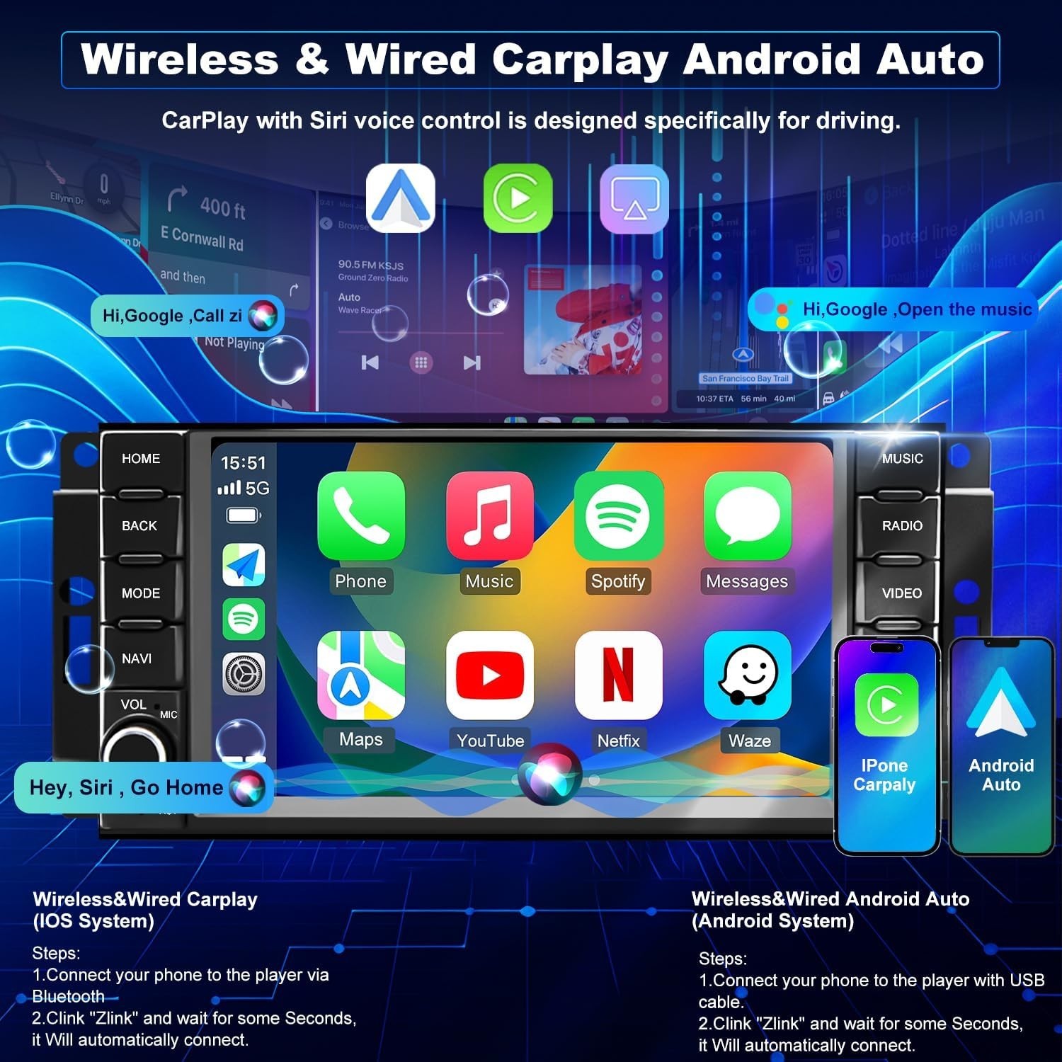 7″ 32G Android Auto Carplay for 2007-2020 Jeep Wrangler Dodge RAM Chrysler 300